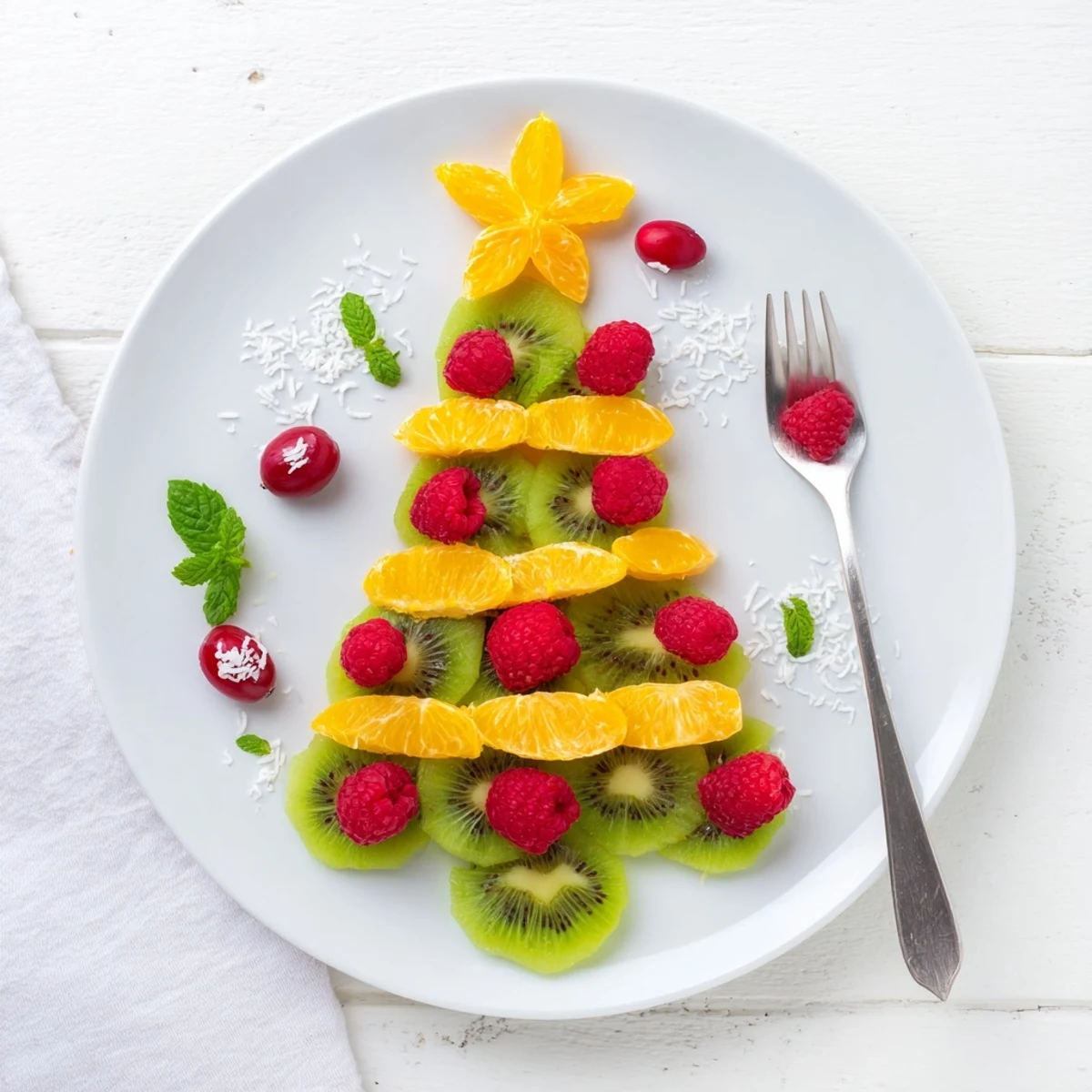 Sweet kiwi slices and ruby-red raspberries form this beautiful Christmas tree fruit plate with fresh mint.