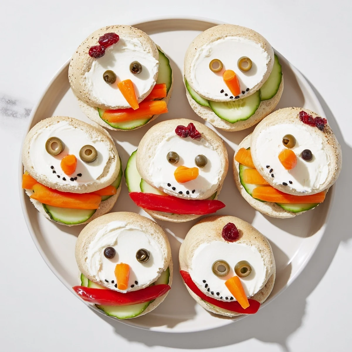 Snowman mini bagel sandwiches with olive eyes and carrot noses, ready for a festive lunch.