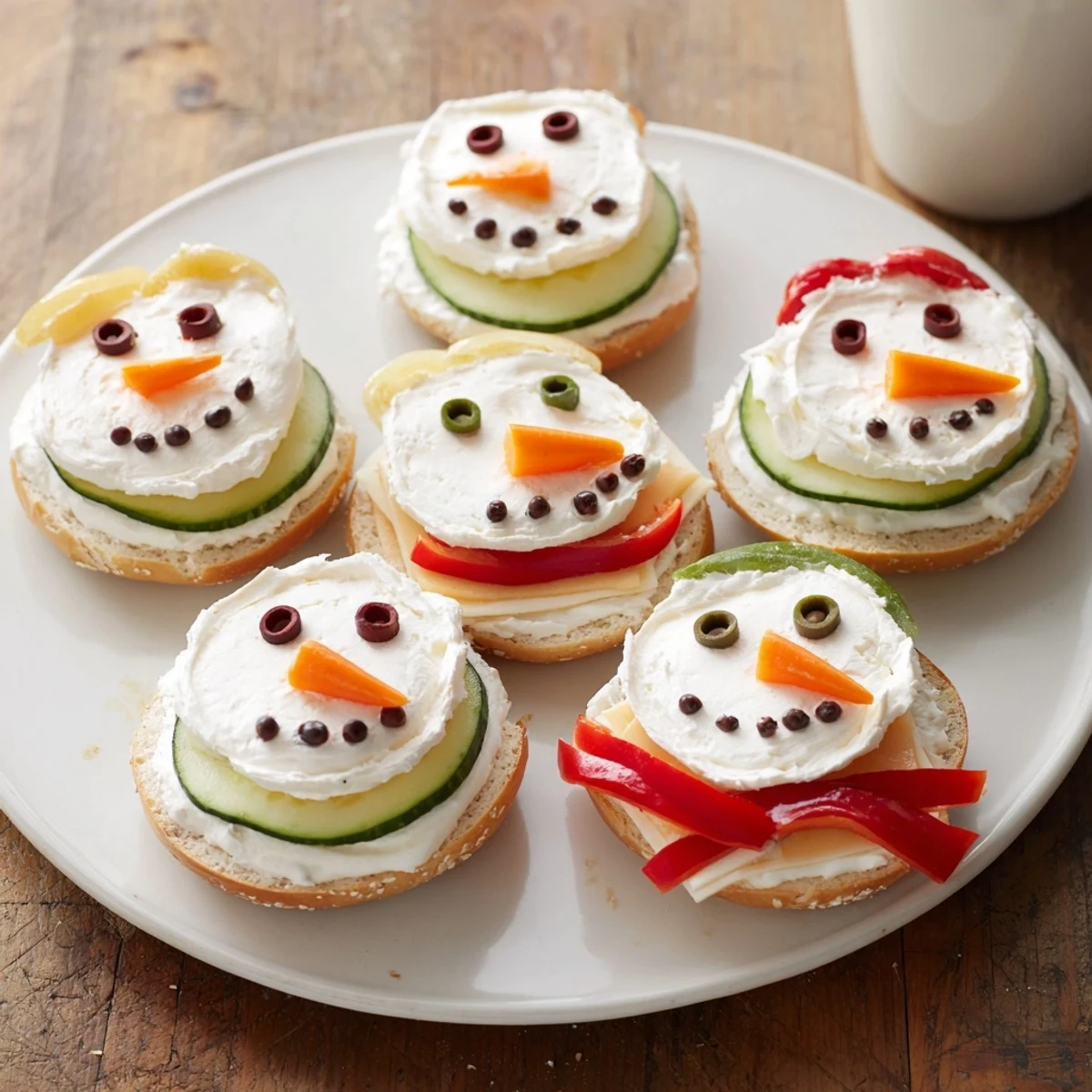 Freshly assembled snowman mini bagel sandwiches with cream cheese, inviting everyone to enjoy a delicious bite.