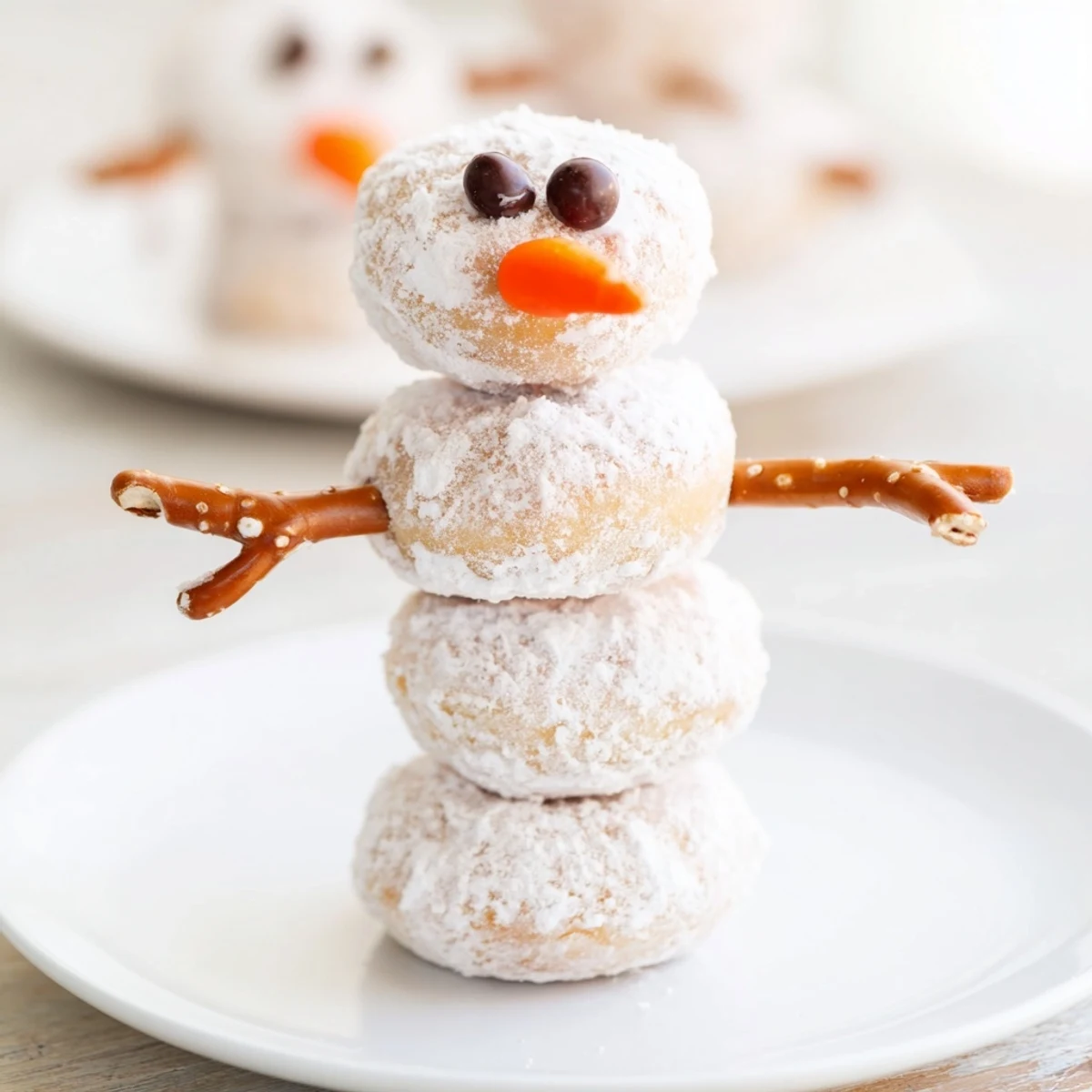 Stack of mini donut snowmen with chocolate chip eyes and pretzel arms; a cute holiday dessert.
