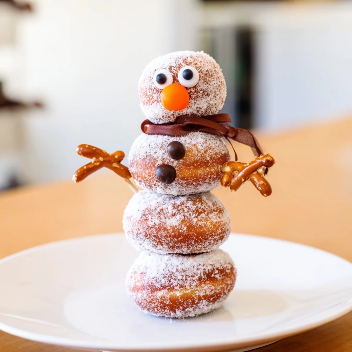 Delicious and festive mini donut snowmen, a fun treat for kids, ready to enjoy anytime.