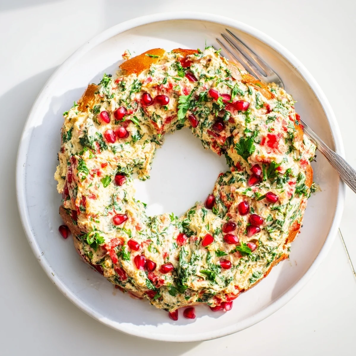 A creamy Red Pepper and Spinach Dip Wreath is garnished with bright pomegranate seeds for a holiday appetizer.