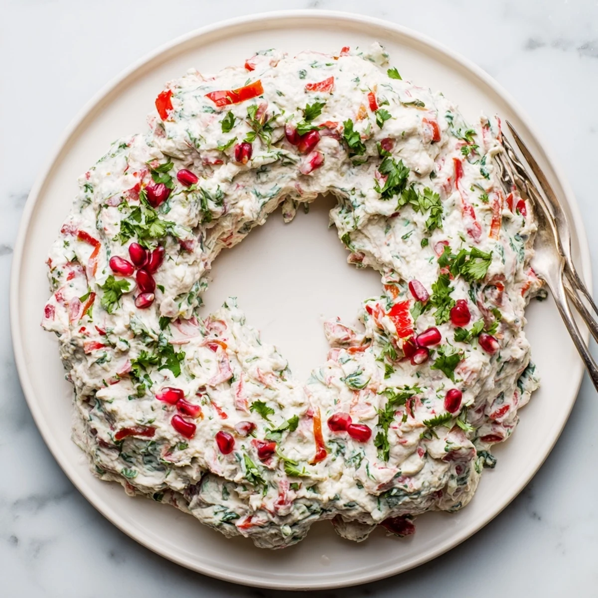 Festive Red Pepper and Spinach Dip Wreath, a vegetarian appetizer perfect for sharing with gluten free dippers.