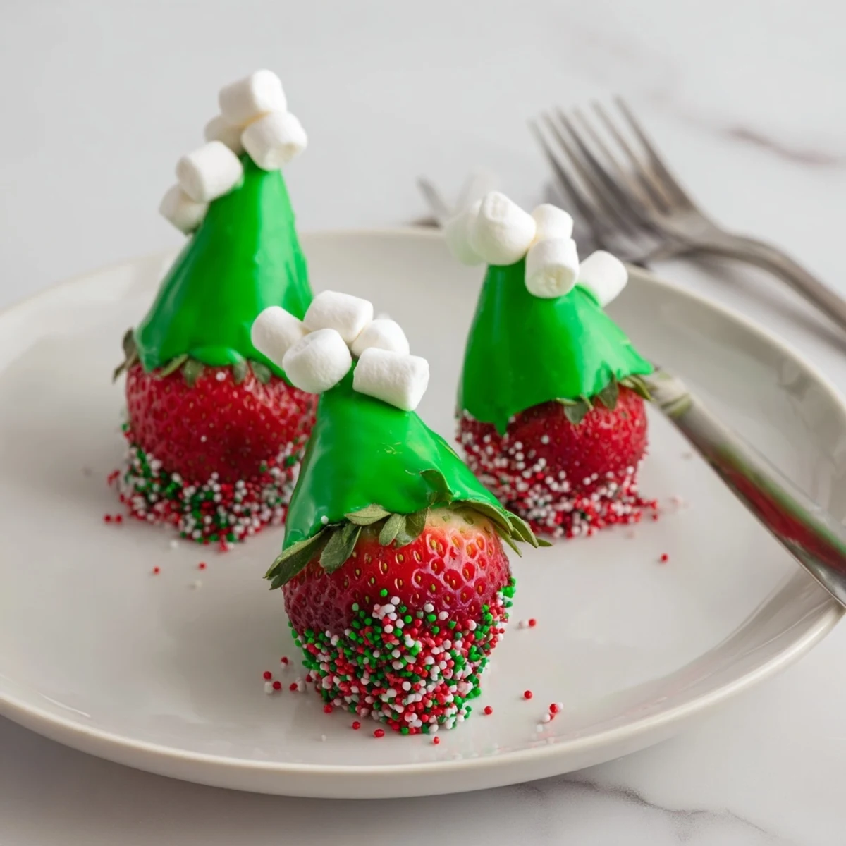 Vibrant green and white Elf Hat Chocolate Dipped Strawberries are perfect, festive holiday desserts.