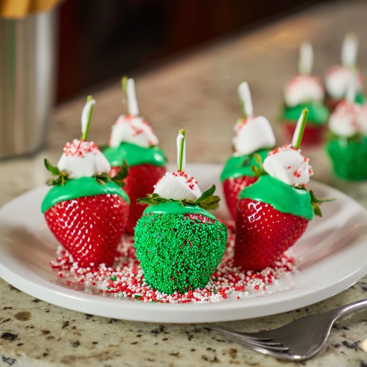 Fresh, juicy Elf Hat Chocolate Dipped Strawberries glistening, ready for a Christmas or holiday party.