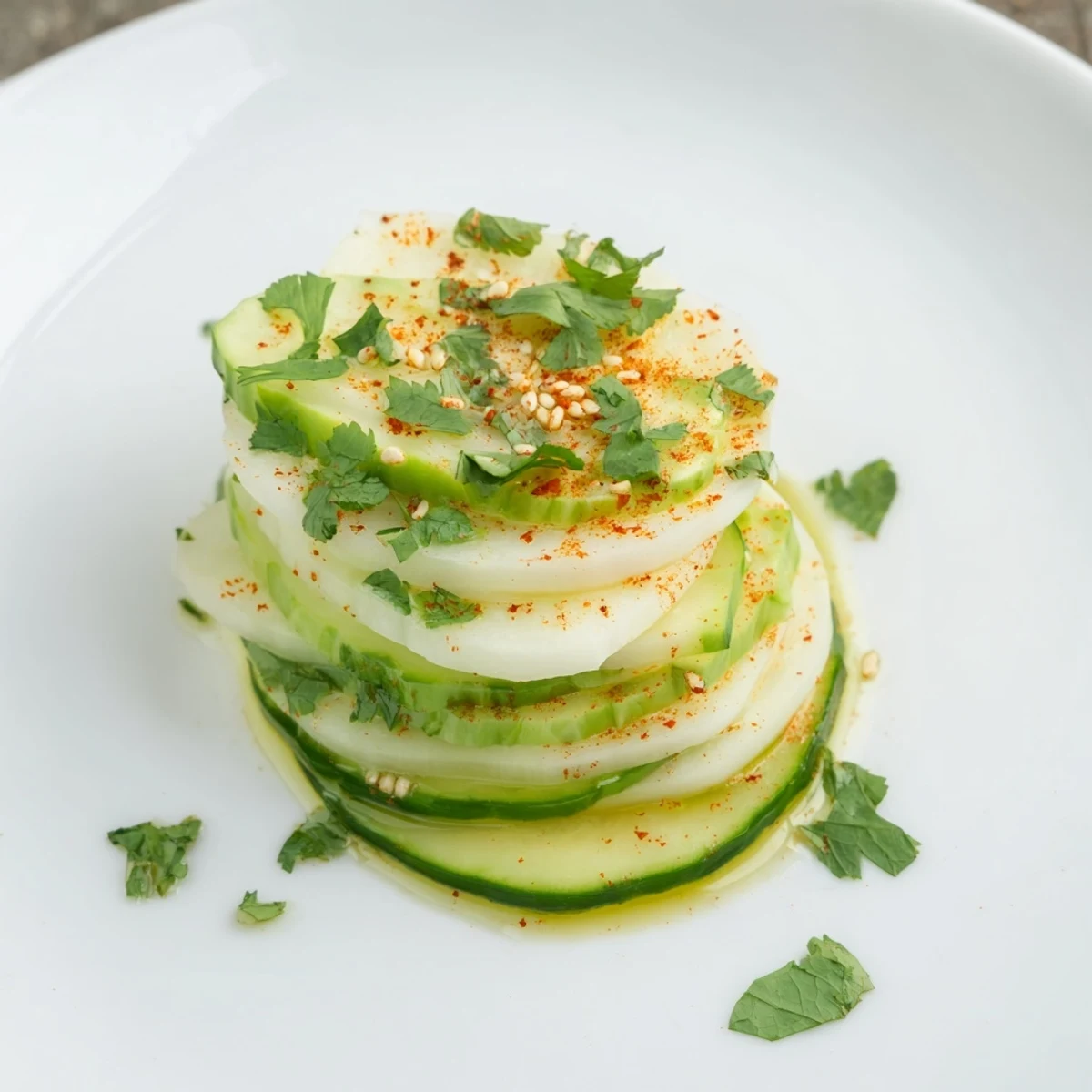 Crisp jicama and cucumber slice stacks drizzled with zesty lime-chili dressing, a vibrant appetizer.
