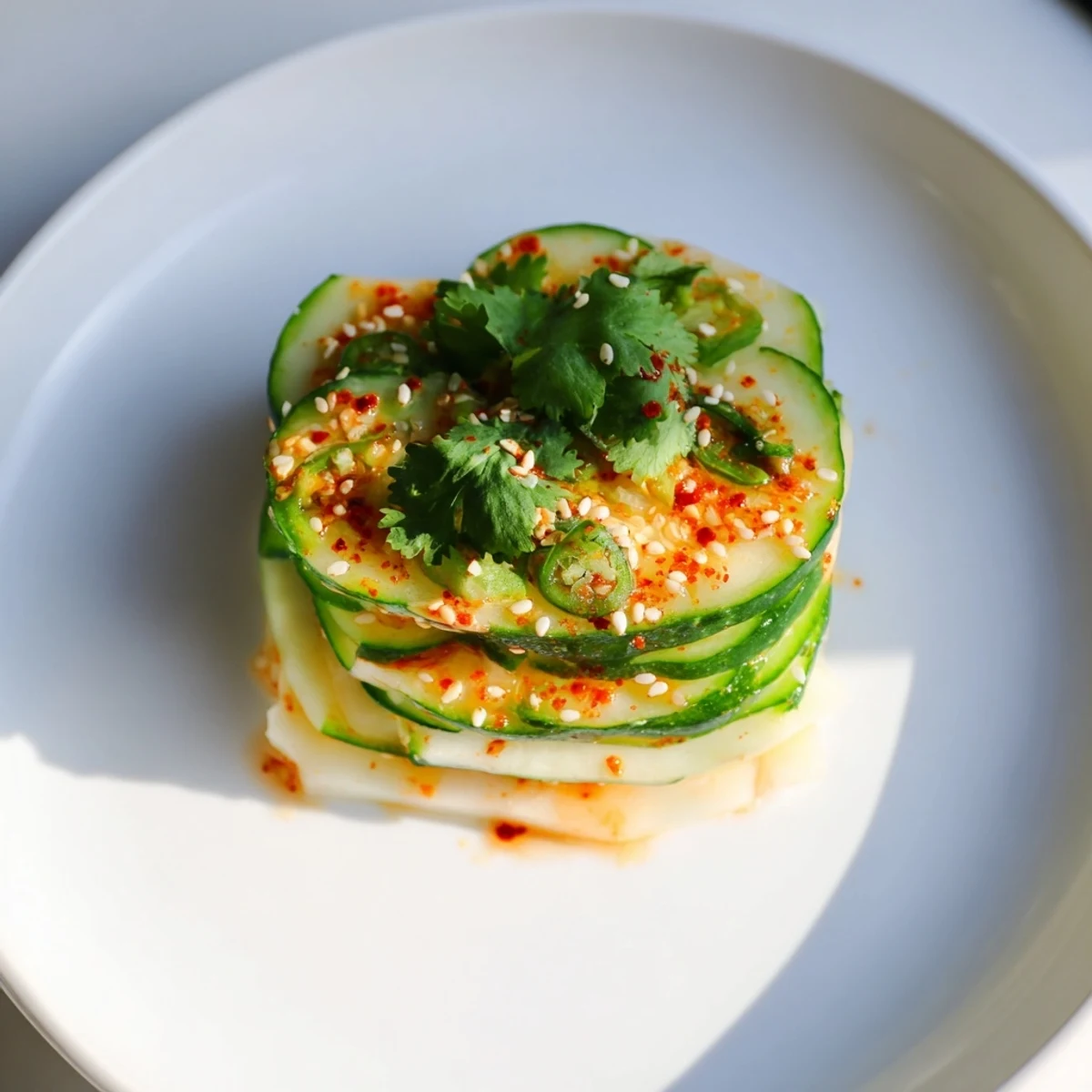 Layered Jicama and cucumber slices, vegan-friendly with a spicy chili dressing and fresh cilantro topping.