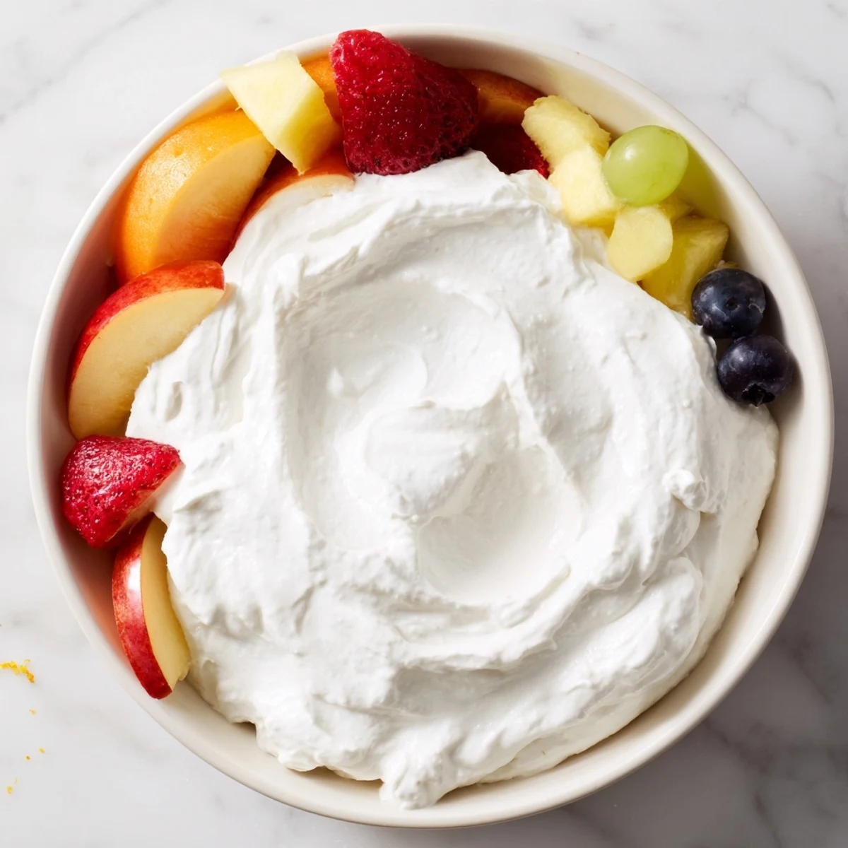 Creamy cream cheese fruit dip in a bowl surrounded by colorful, inviting fresh fruit for dipping.