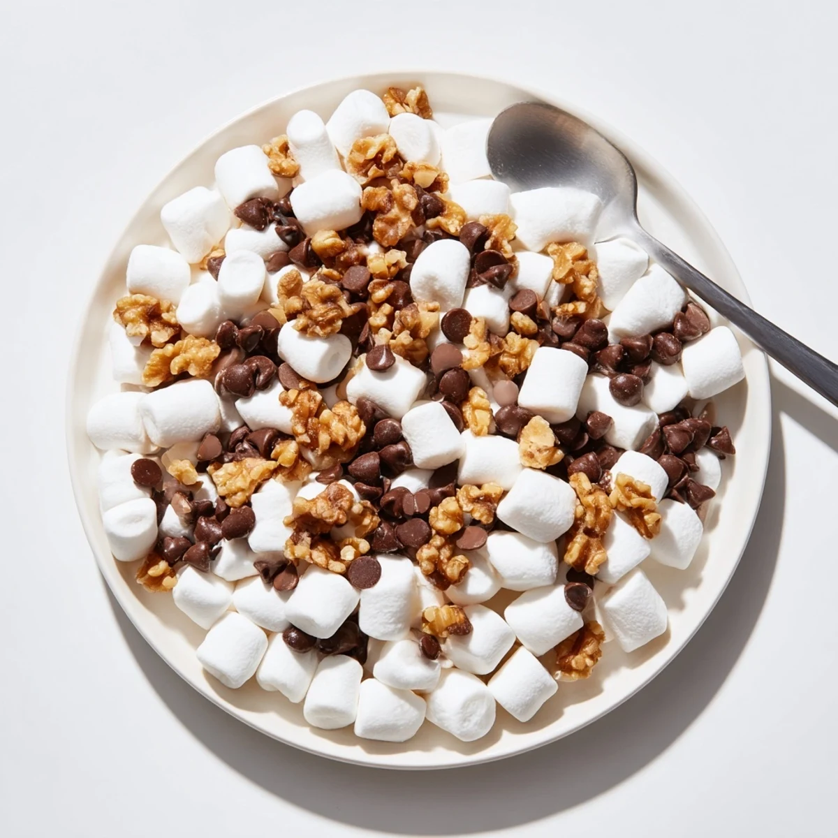 Melted chocolate chips and marshmallows, a quick dessert heap that's warm, sweet, and comforting.