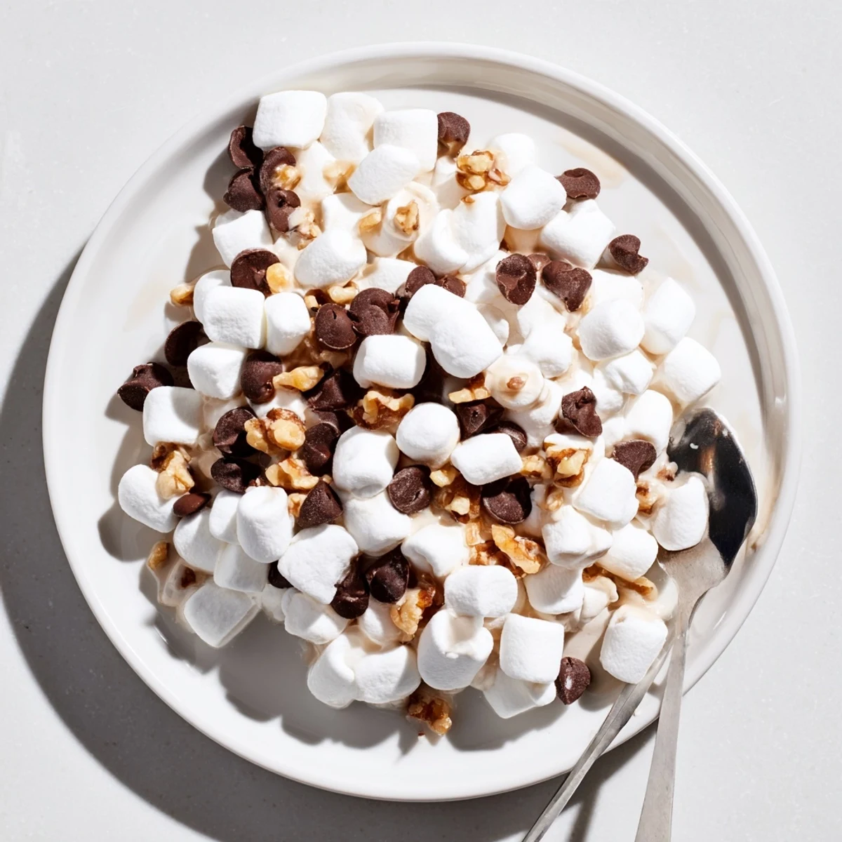 Easy Quick Dessert: Chocolate Chips and Mini Marshmallows Heap, with a sprinkle of nuts, golden and glossy.