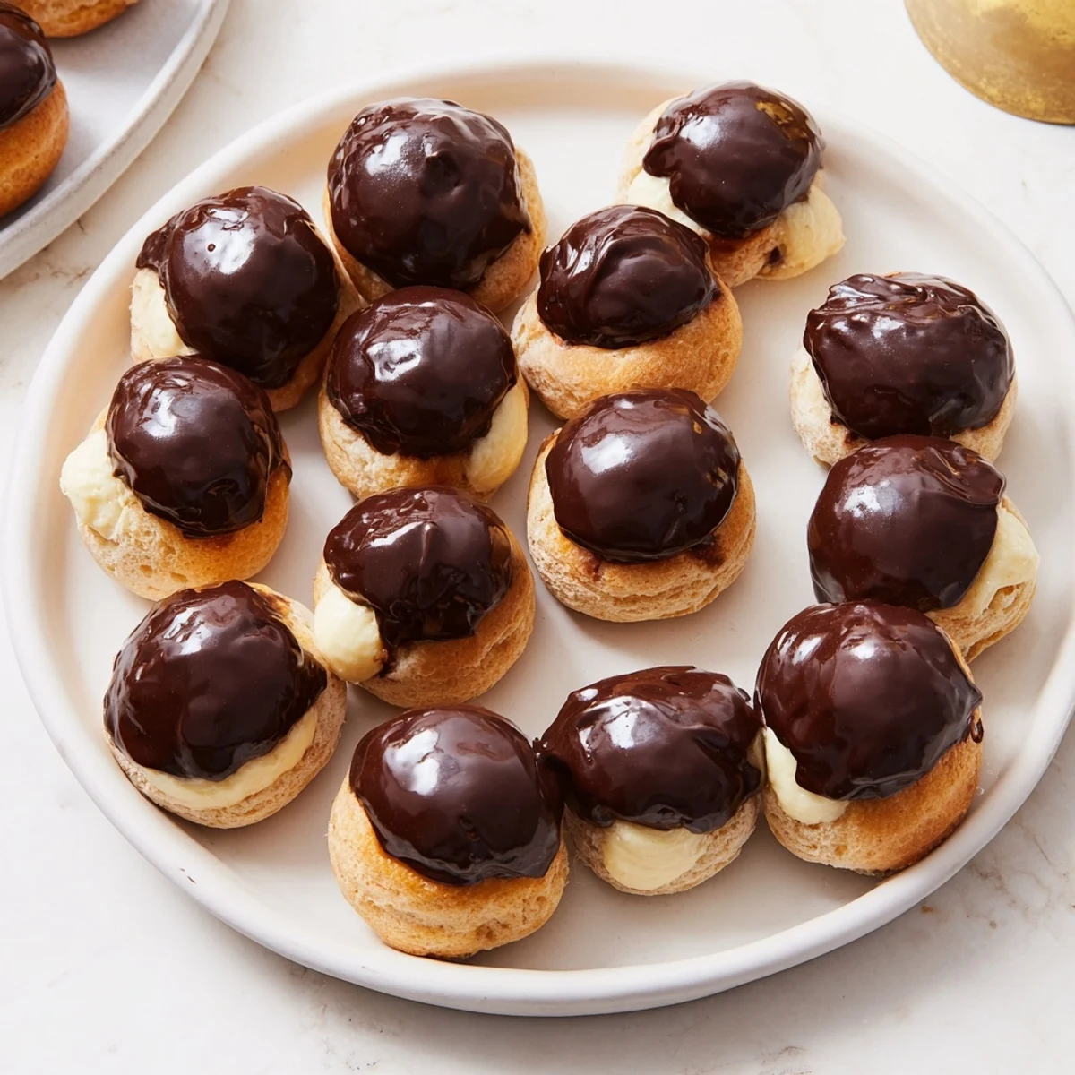 Mini chocolate éclairs arranged on a plate with flowing, dark chocolate glaze.