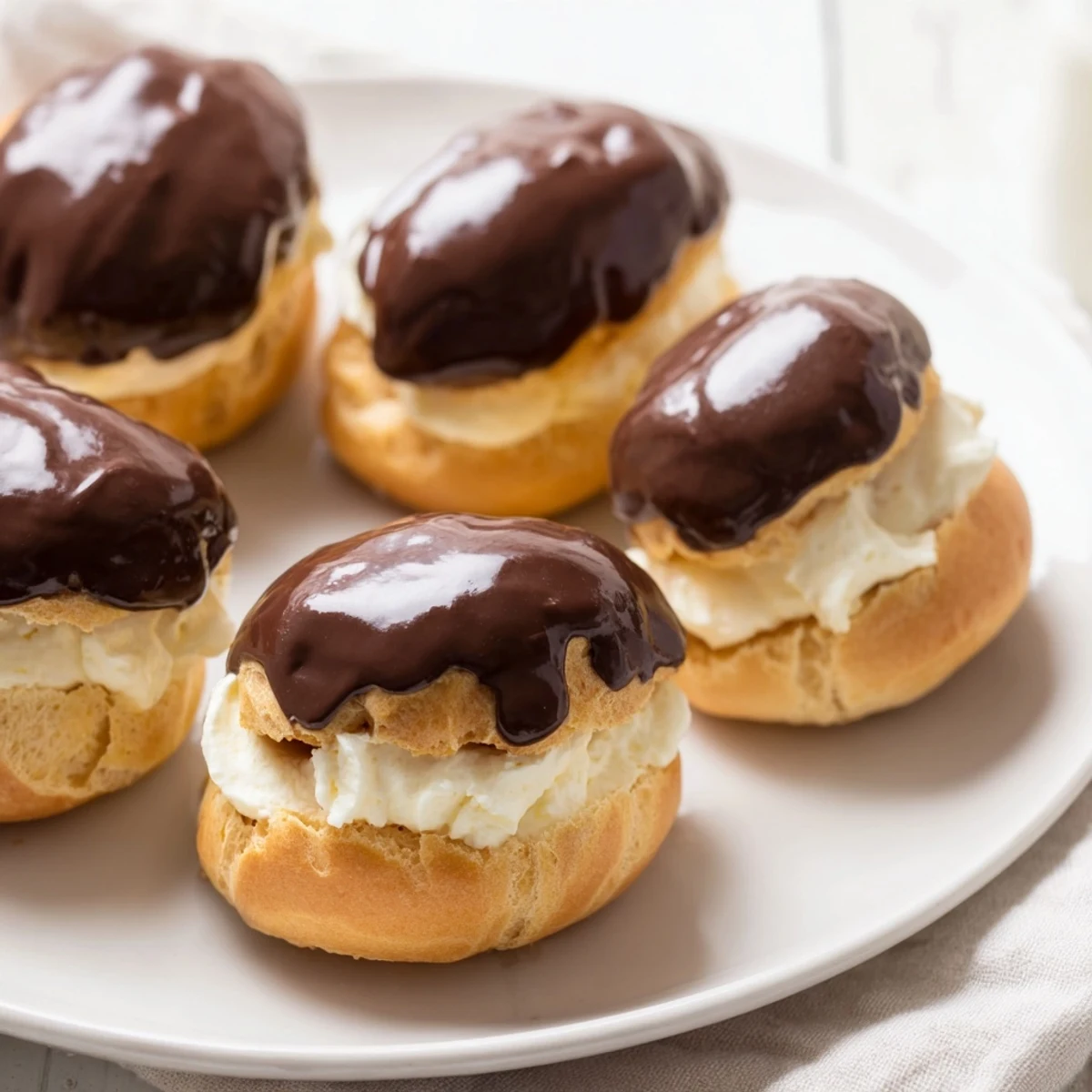 Golden brown mini chocolate éclairs, filled with creamy vanilla, ready for a dessert buffet.