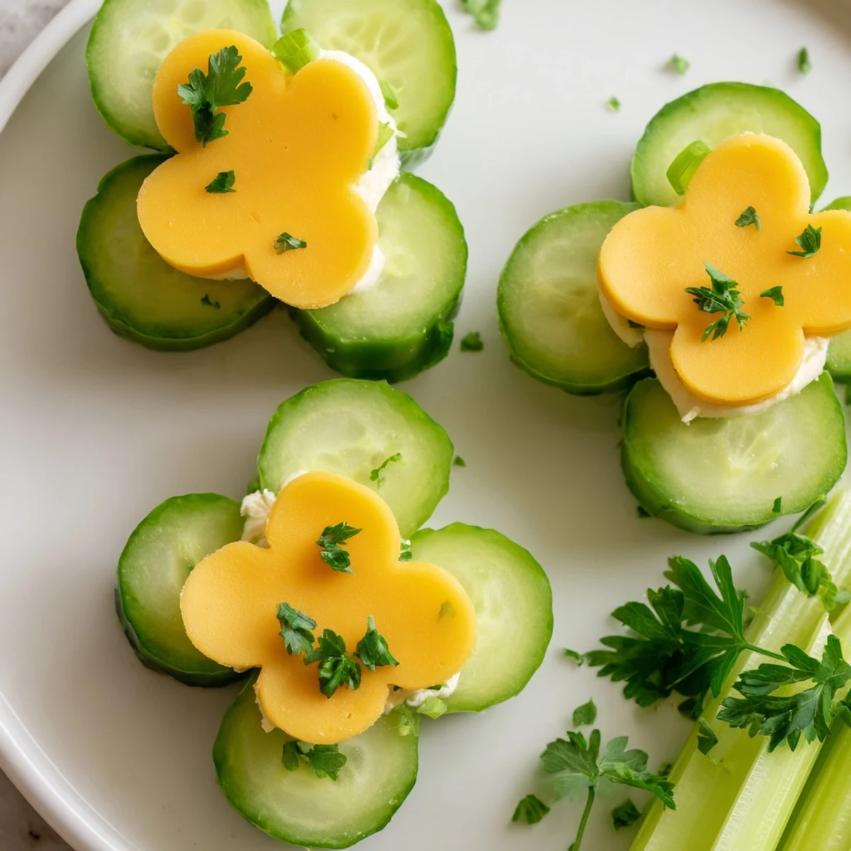 Festive Lucky Four-Leaf Clover Snack features cucumber "leaves" and a halved grape in the center.