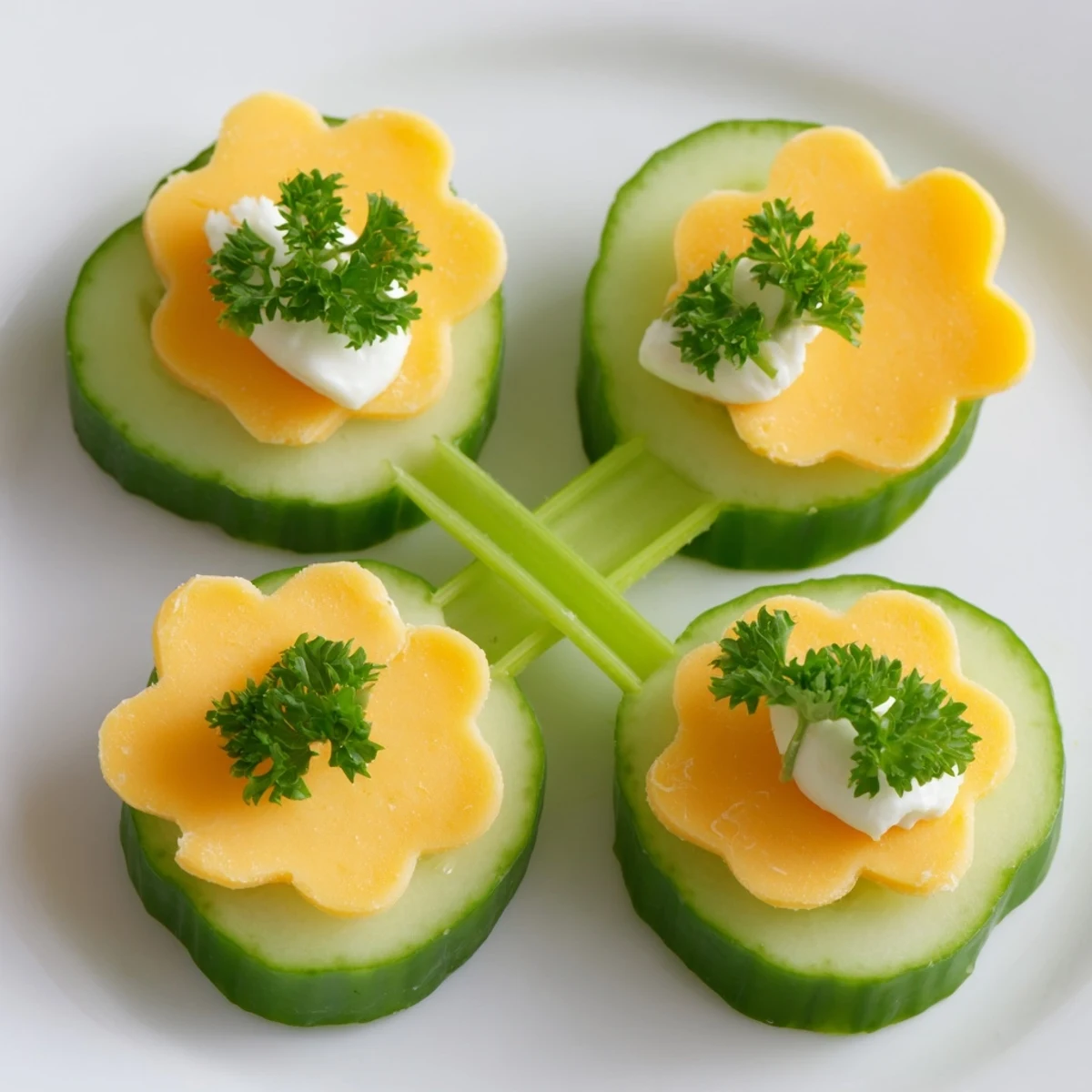 Fresh Lucky Four-Leaf Clover Snack made with cucumbers and cheese, ready to eat.
