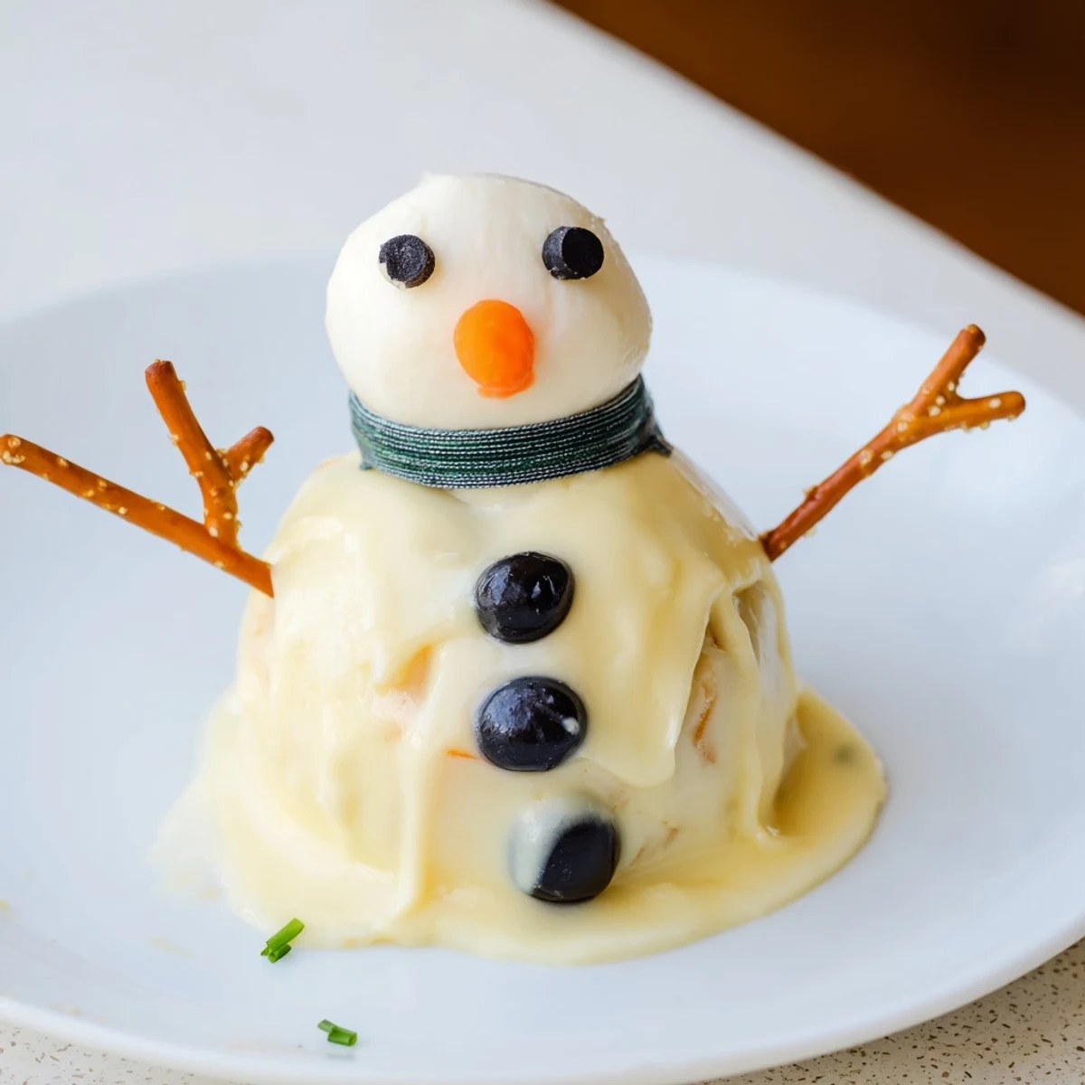 Melted Snowman Cheese Bites: a fun holiday appetizer, with creamy cheese snowmen topped with black olives.