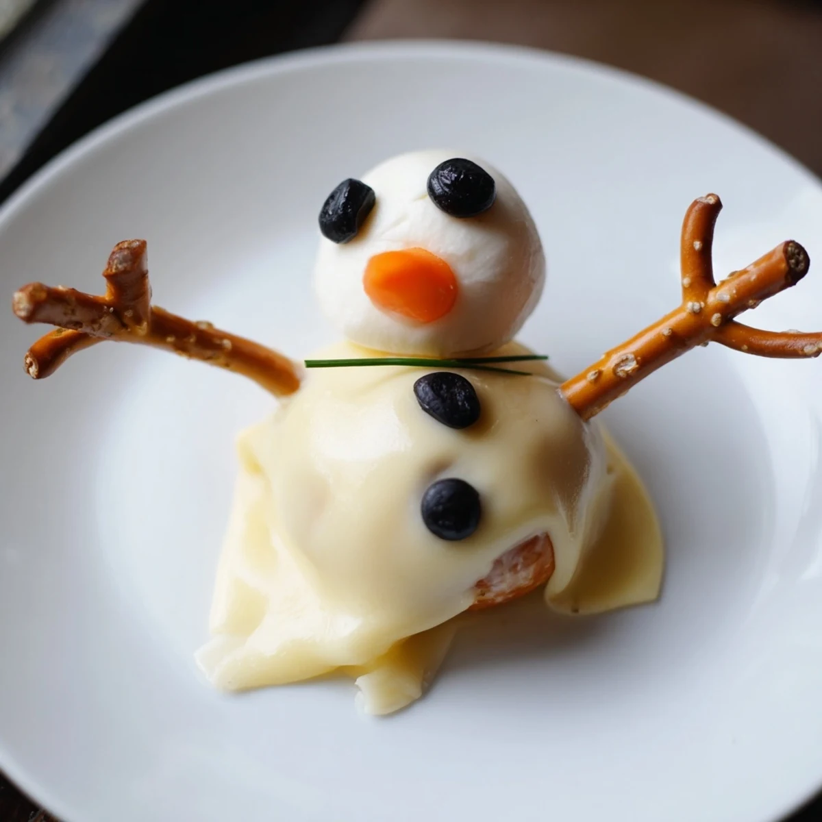 Get festive with these Melted Snowman Cheese Bites, showing cheesy "snowmen" with olive eyes.