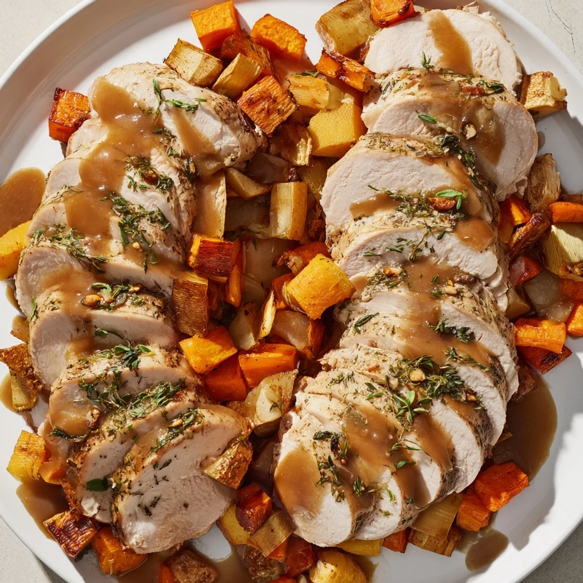 Thanksgiving table centerpiece: the Chains of the Mayflower, beautifully arranged roasted turkey with earthy root vegetables.