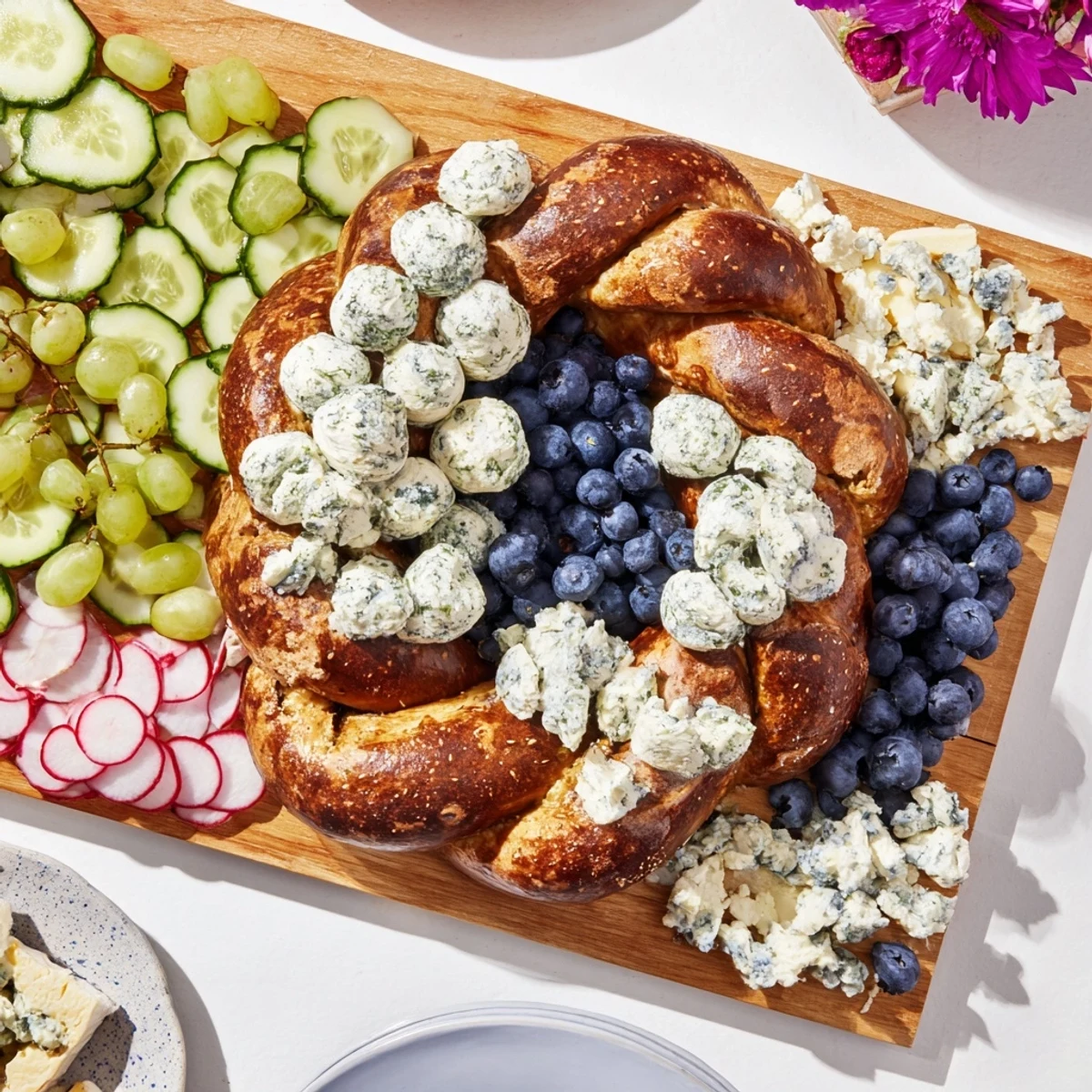 Artfully arranged Anchor Maritime Board with blue cheeses, pretzels, and fresh fruit for a party.
