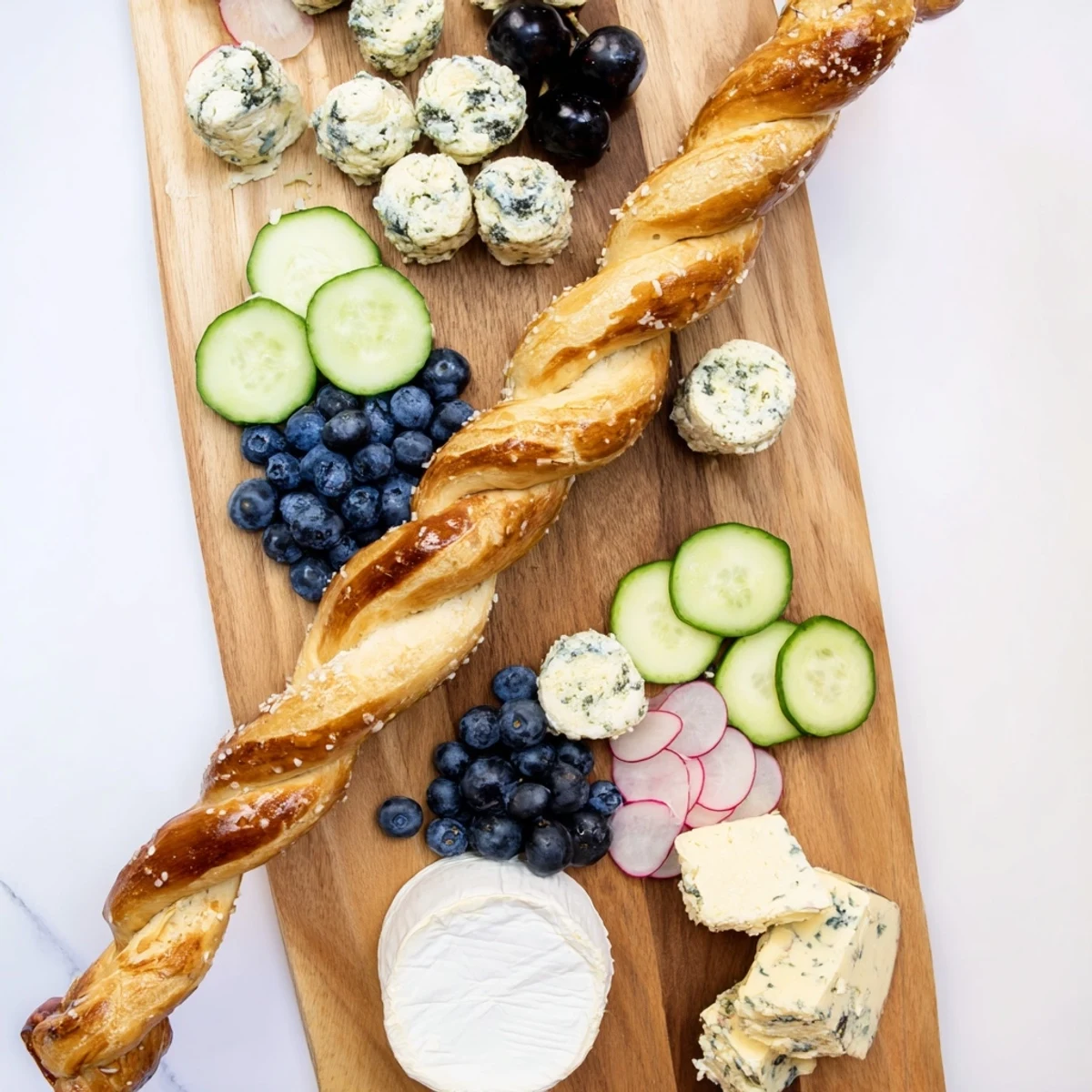 Coastal-inspired Anchor Maritime Board with creamy cheeses, fresh produce, and nautical pretzels.
