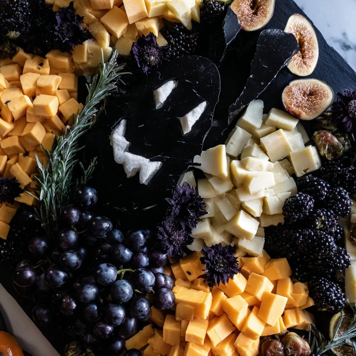 The Ghostly Outline Halloween Charcuterie Board features a flavorful spread with cheeses and fruit.