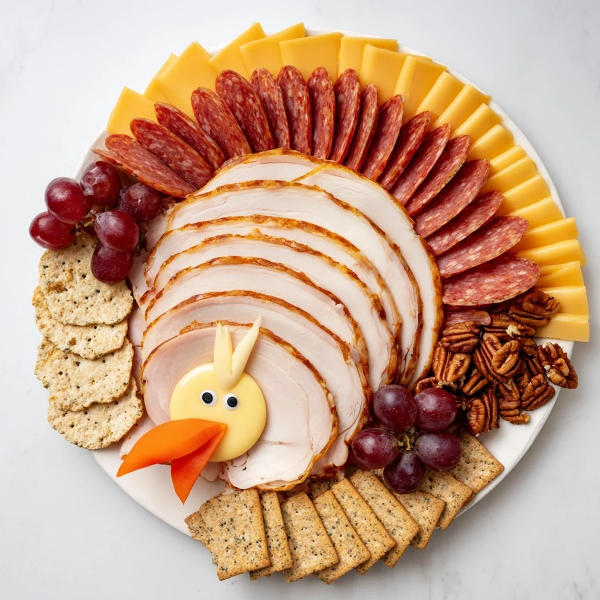 A vibrant "Turkey Tail Fan" charcuterie board, with meats, cheeses, and fruits ready for serving.