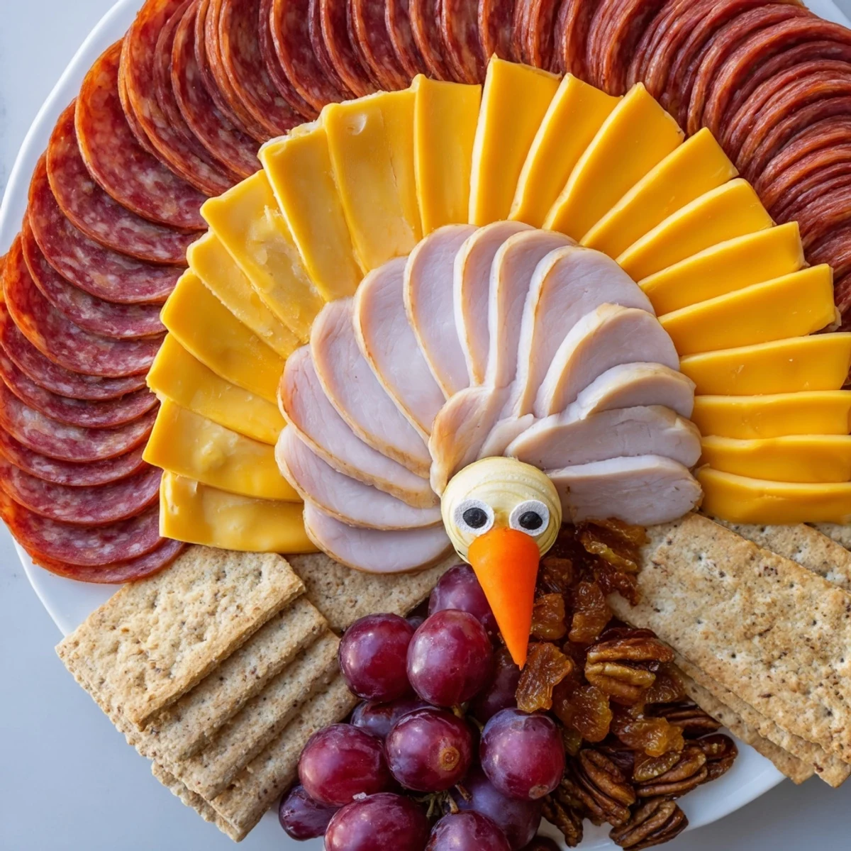 This "Turkey Tail Fan" charcuterie board looks delicious with colorful grapes and savory meats.