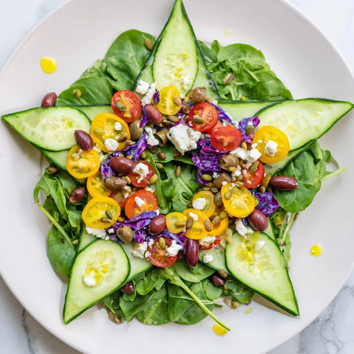 Fresh, colorful Star of David Salad Platter with vibrant veggies and crumbled feta, a tasty appetizer.