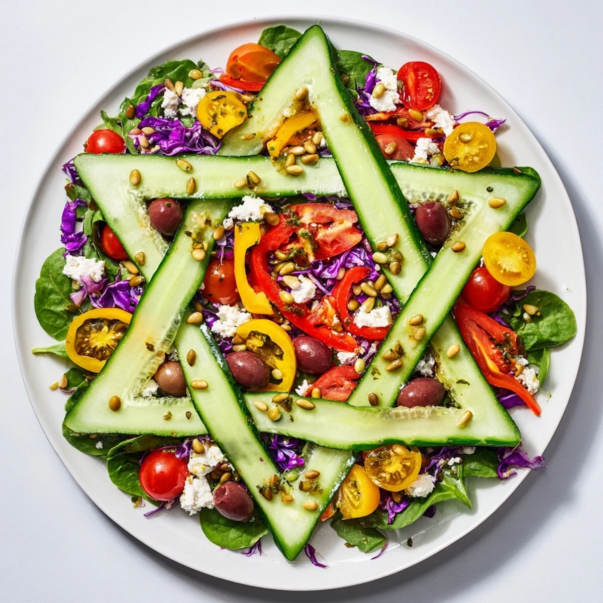 Beautiful overhead shot of Star of David Salad Platter, featuring colorful bell peppers and olives for a holiday meal.