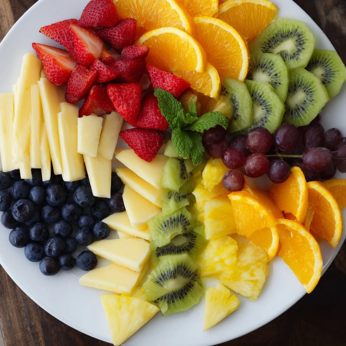 Kaleidoscope Circle appetizer: vibrant arrangement of fresh fruits and cheeses on a platter.