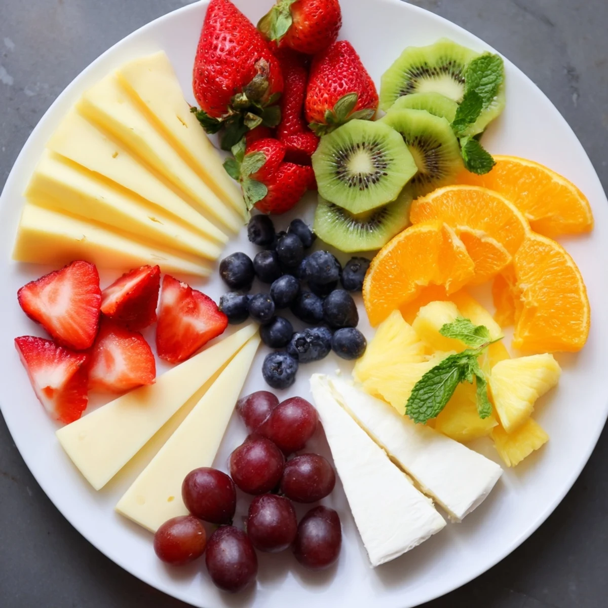 Beautiful Kaleidoscope Circle appetizer with assorted cheeses and fresh, colorful fruit wedges.