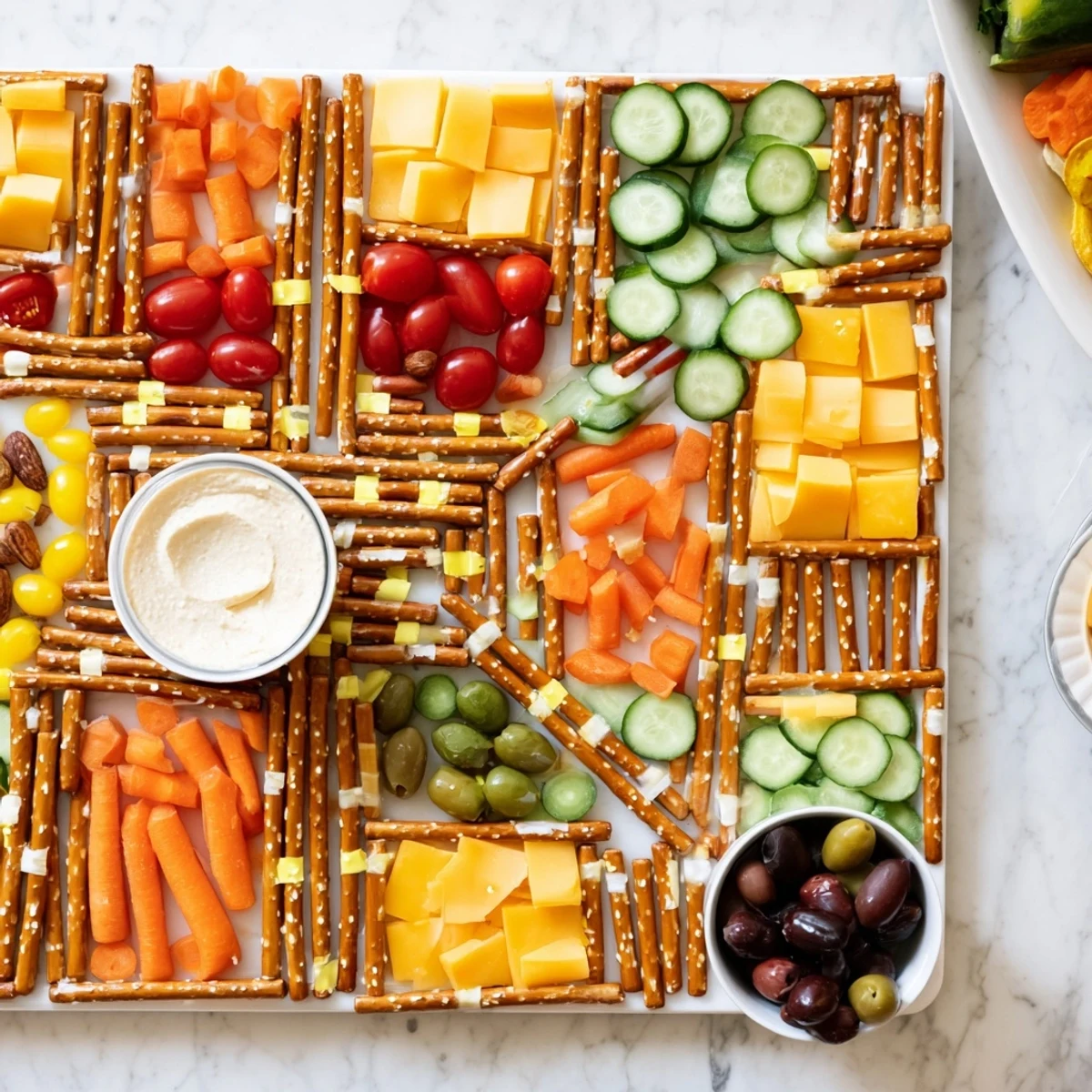 The Urban Grid snack platter featuring colorful cubed cheese, meats, and fresh veggies is ready for guests.