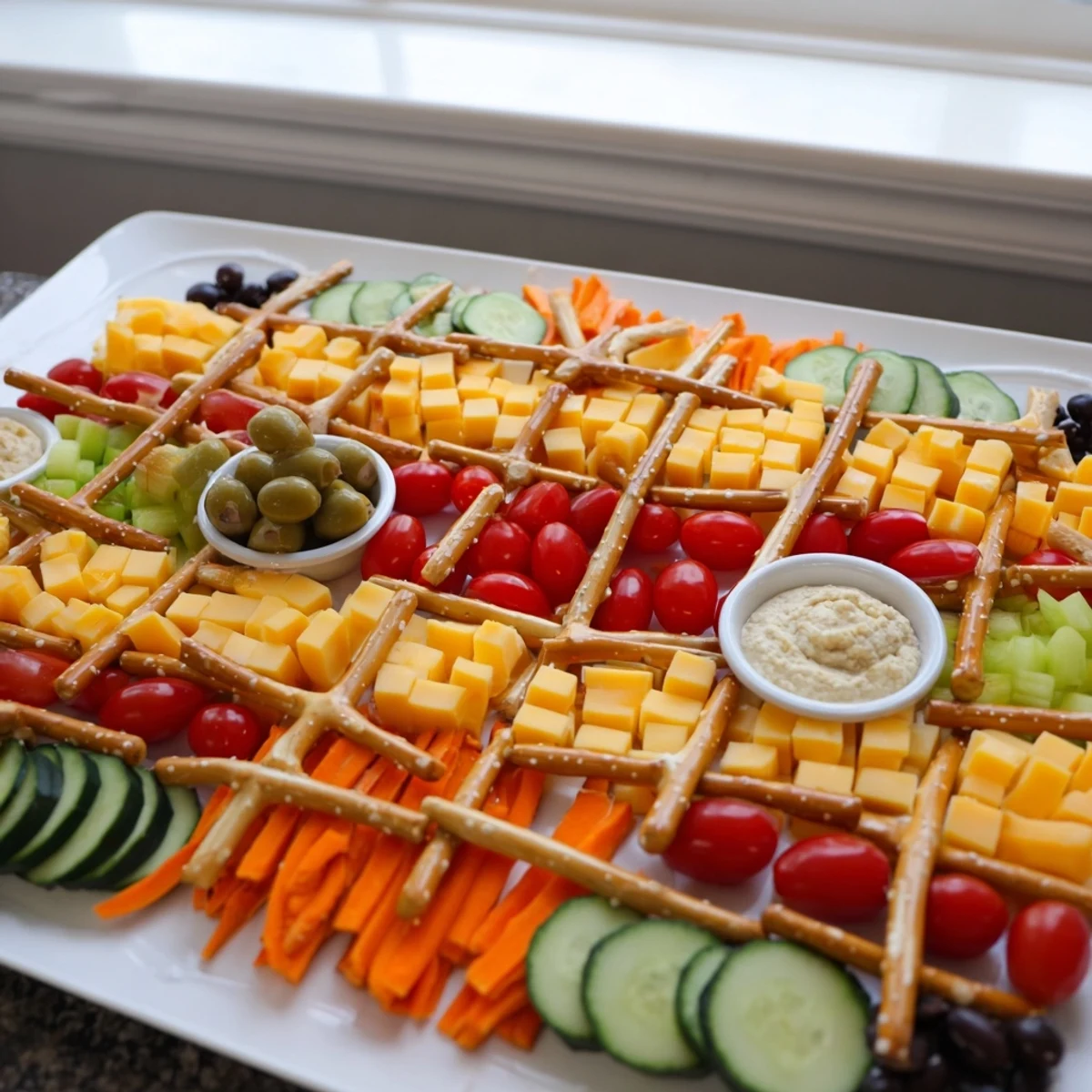 This beautiful The Urban Grid appetizer presents a vibrant array of city-style snacks with pretzel "streets."