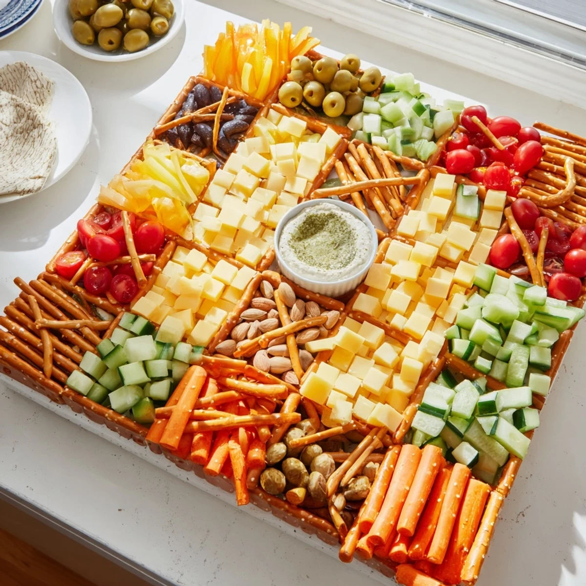Enjoy the delicious The Urban Grid, a creative party snack board with tasty cheeses, meats, and veggies galore.