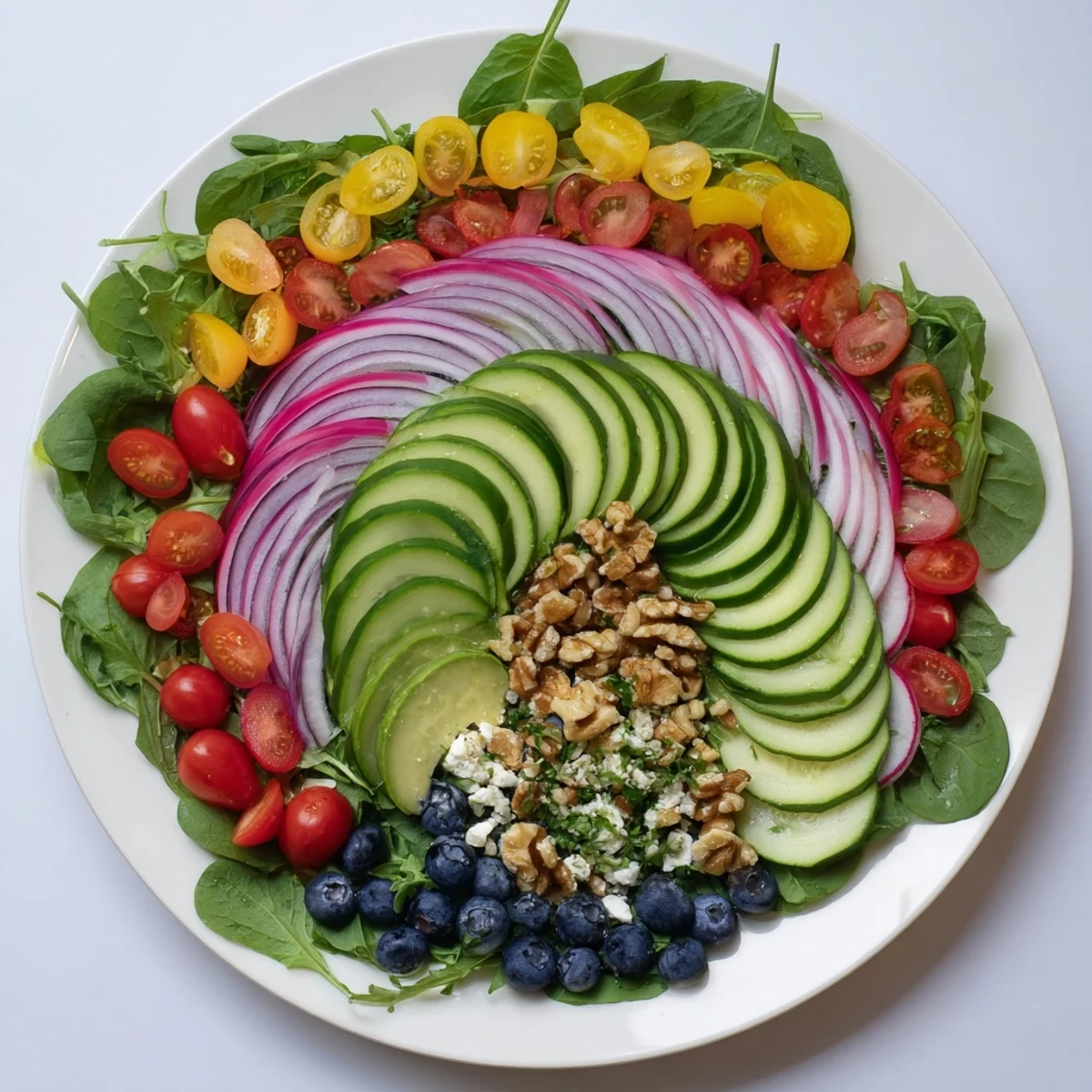 Fresh The Fibonacci Fan Salad arranged beautifully in a spiral, showcasing colorful vegetables, cheese, and nuts.