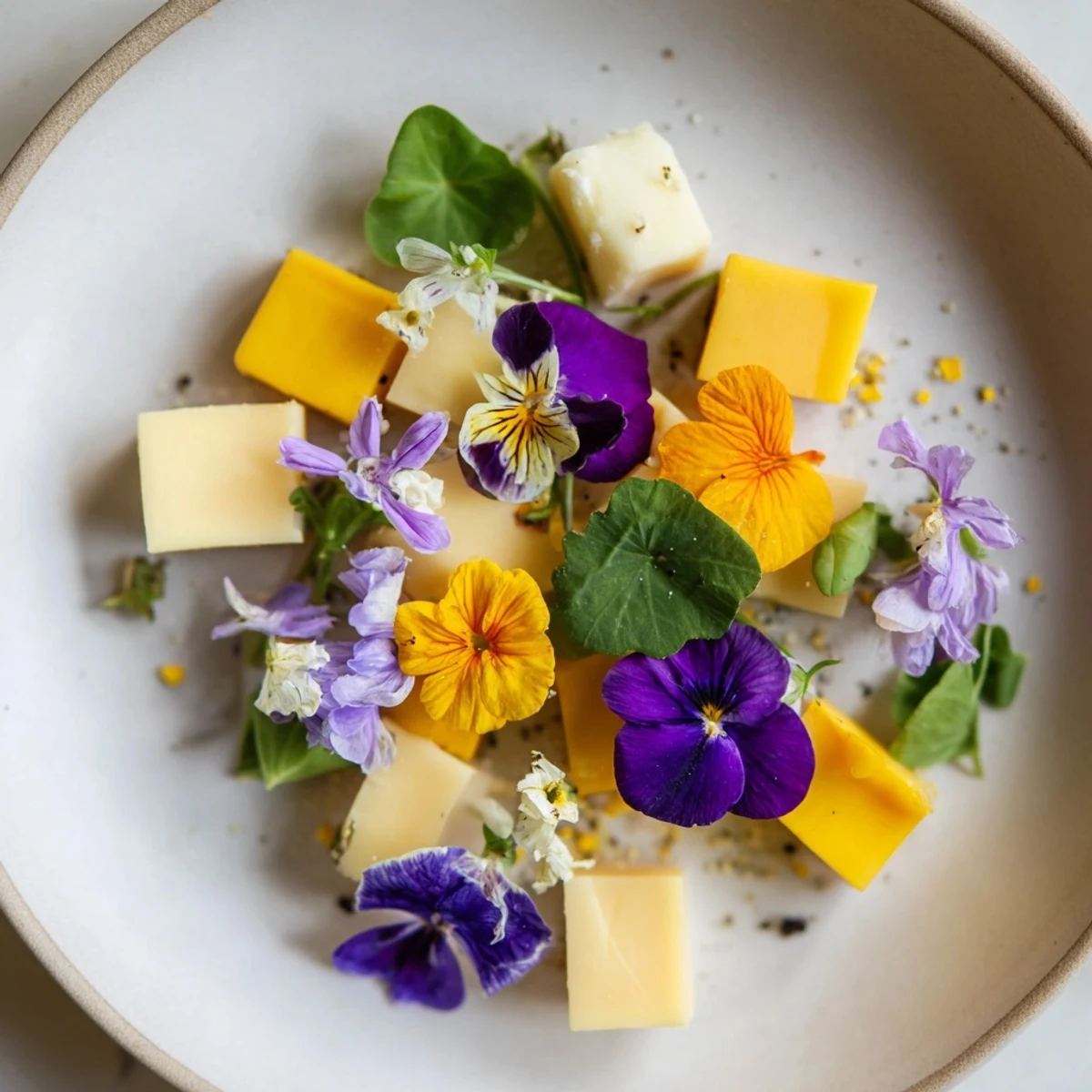 A stunning aerial view of The Secret Garden appetizer, showcasing colorful edible flowers and cheese.