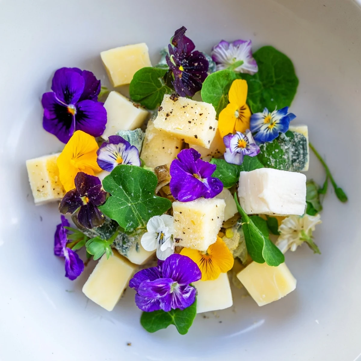 Vibrant edible flowers and microgreens conceal creamy cheese cubes in this elegant Secret Garden starter.