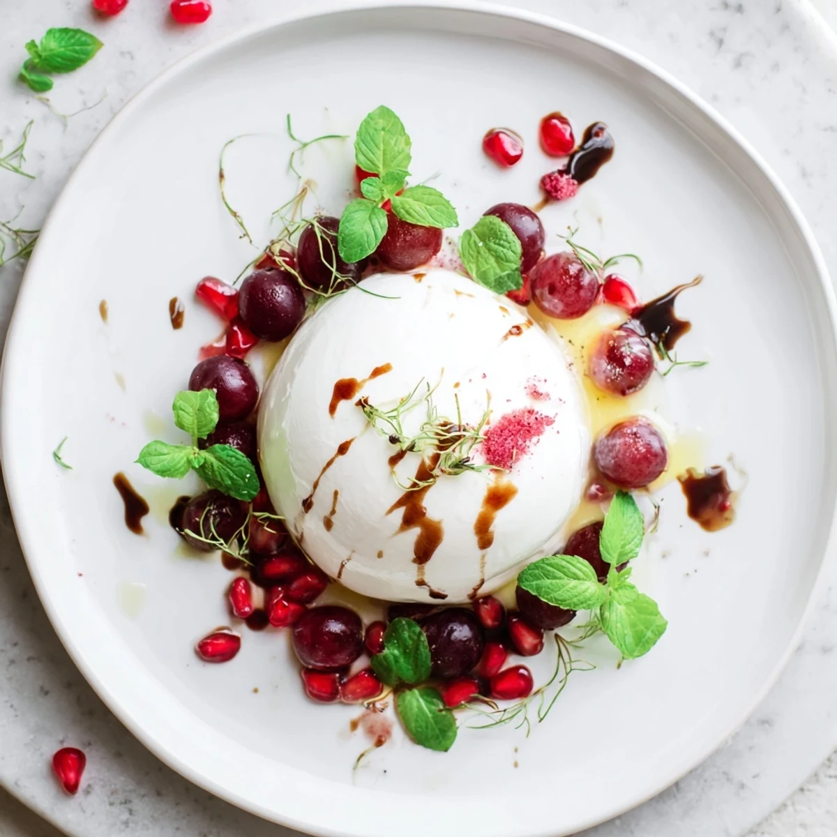 A beautiful Moonlit Lagoon salad with blueberries, grapes, burrata, basil, and a balsamic drizzle.