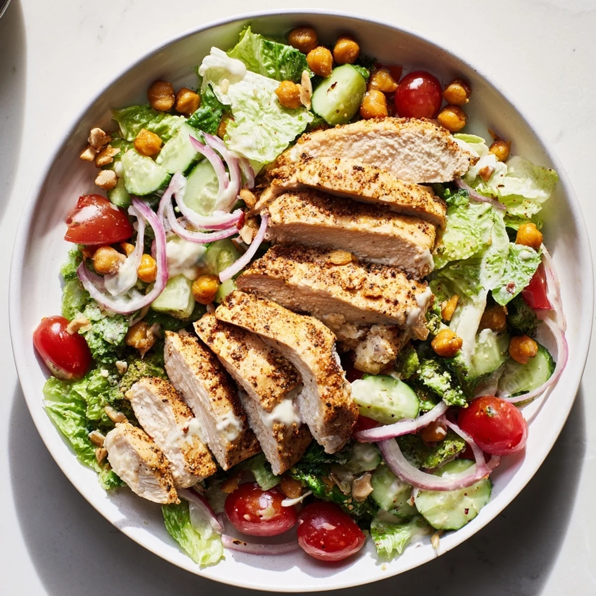 Chicken Caesar Pasta-less Bowl with grilled chicken and creamy dressing, ready to eat.