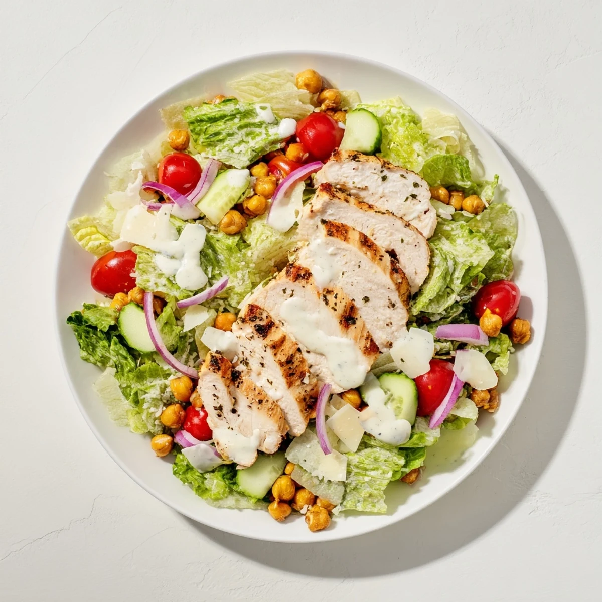 Freshly grilled chicken atop a vibrant Chicken Caesar Pasta-less Bowl, a delicious, low-carb meal.