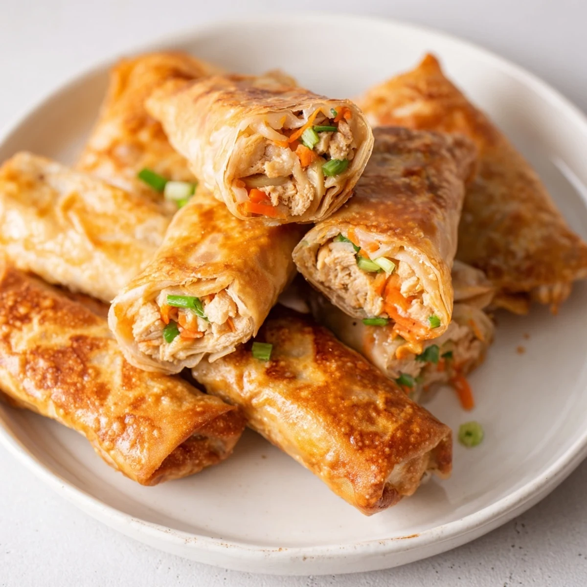 Air-fried chicken lumpia bites, showing the satisfyingly crunchy exterior and served with dipping sauce.