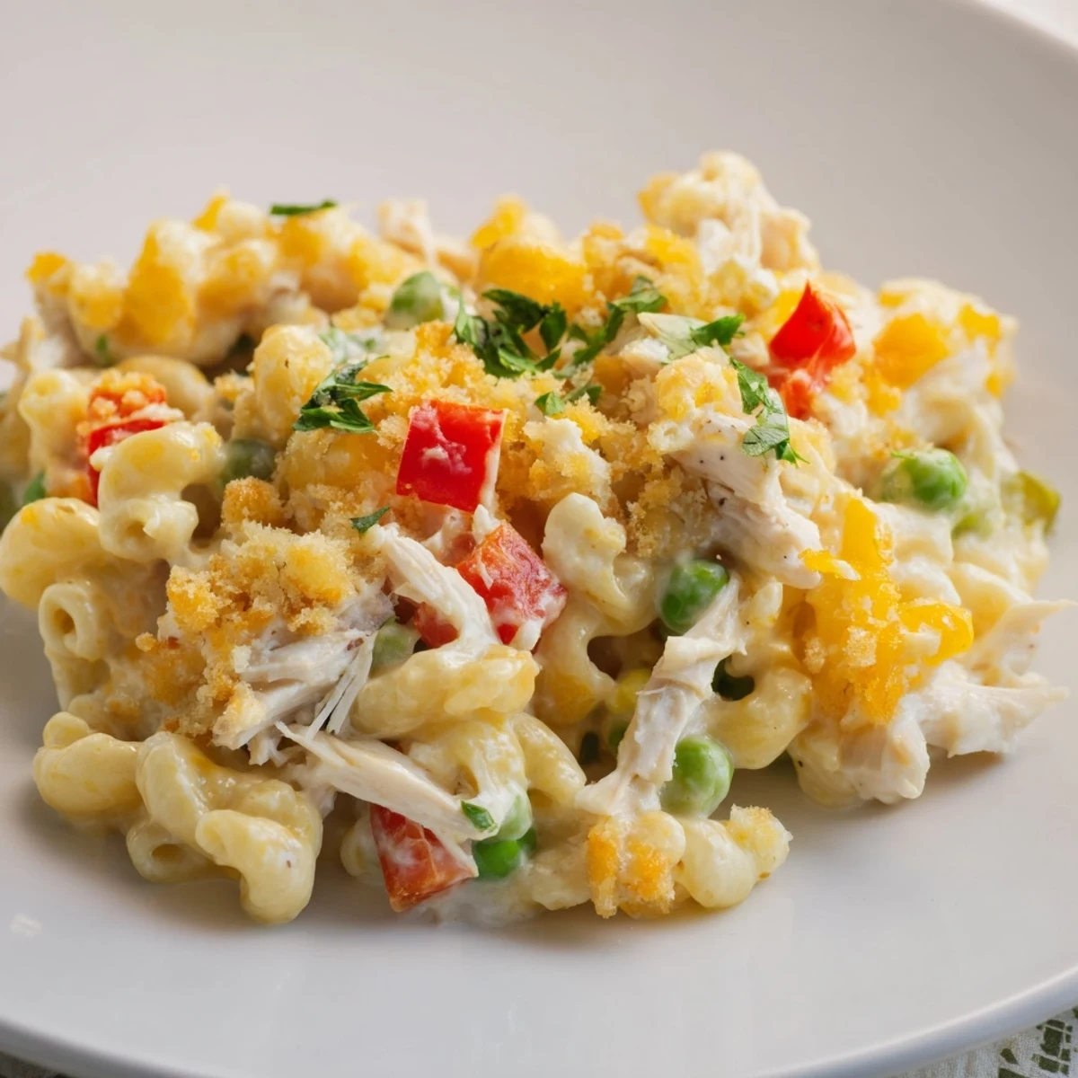 A rich and creamy baked Chicken Macaroni Southern Style with golden cheese topping.