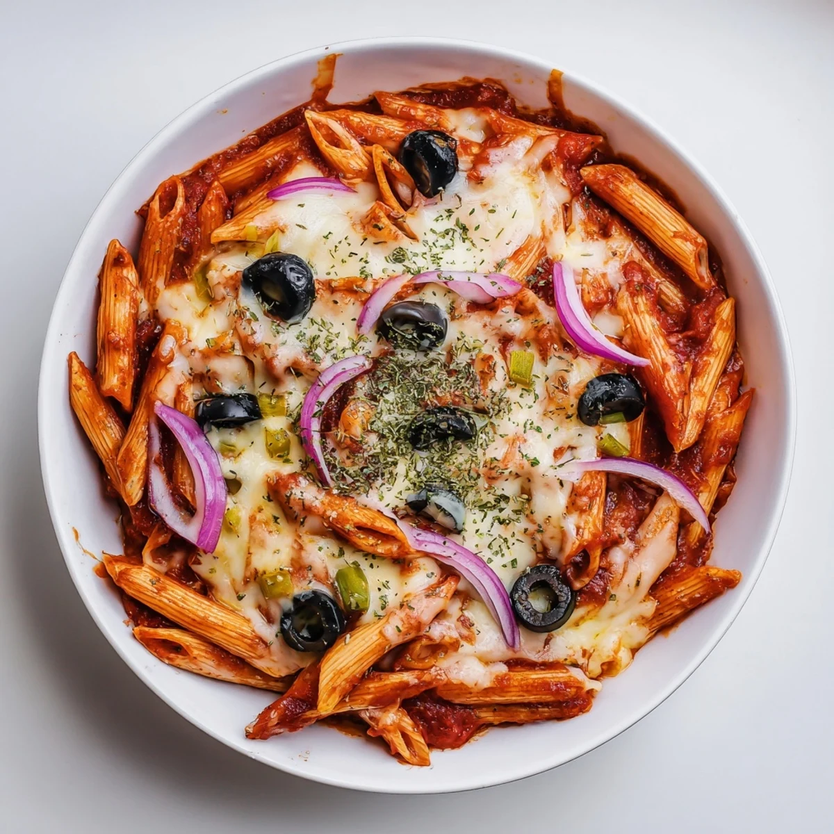 Vibrant photo of One-Pot Pizza Pasta Express, loaded with pepperoni, olives, and bubbling mozzarella cheese.