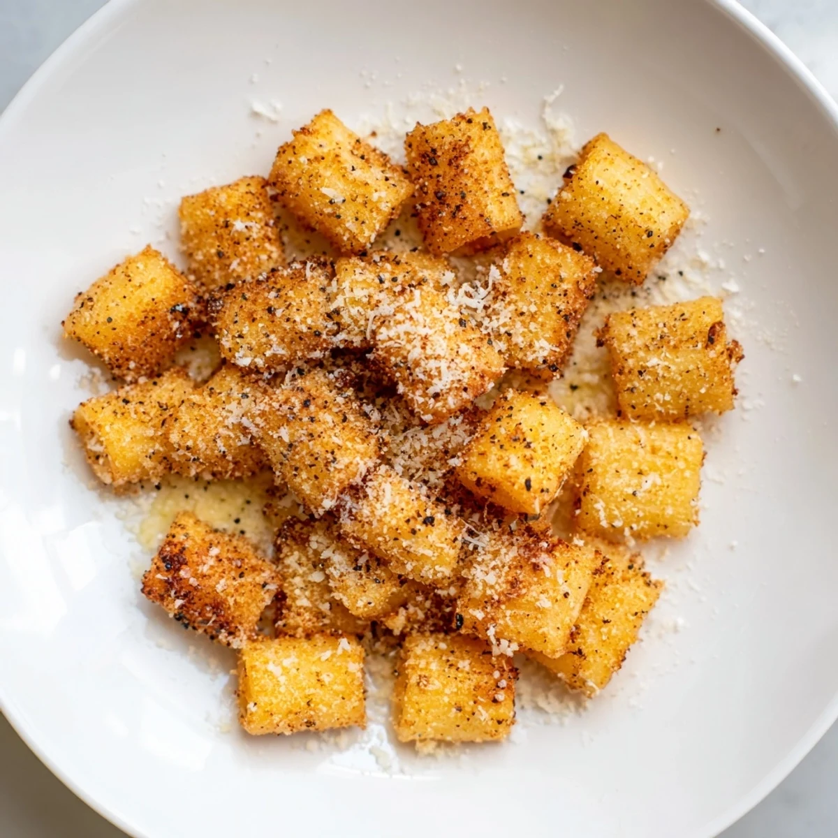 Golden-brown Air Fryer Pasta Croutons, perfectly crunchy and seasoned, pictured ready to top a fresh salad.