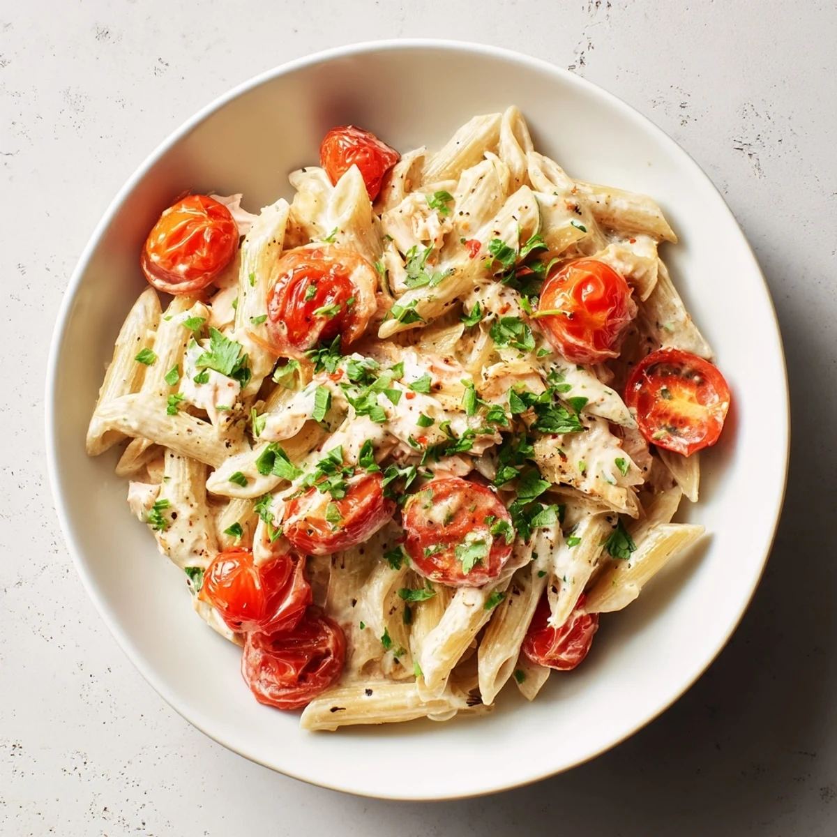 Roasted cherry tomatoes and creamy Boursin cheese pasta glistening, ready for a delicious dinner.