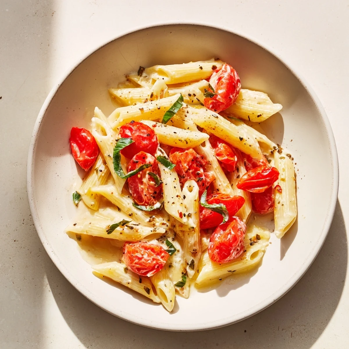 A close-up of Boursin cheese pasta, showing the melted cheese sauce encompassing the pasta.