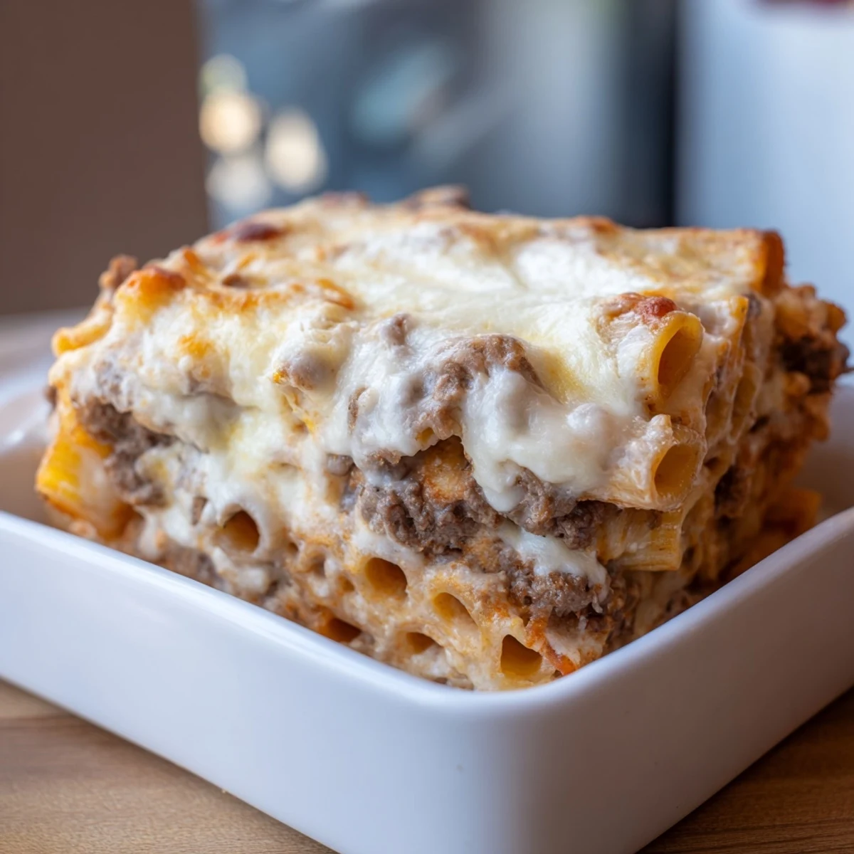 A bubbly, golden-brown Moist Maker Pasta Casserole, a comforting main dish with cheesy goodness.