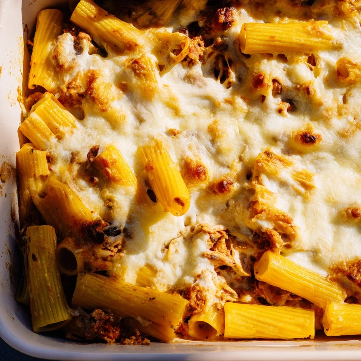This photo shows the Moist Maker Pasta Casserole, with a rich gravy layer and melted cheese on top.