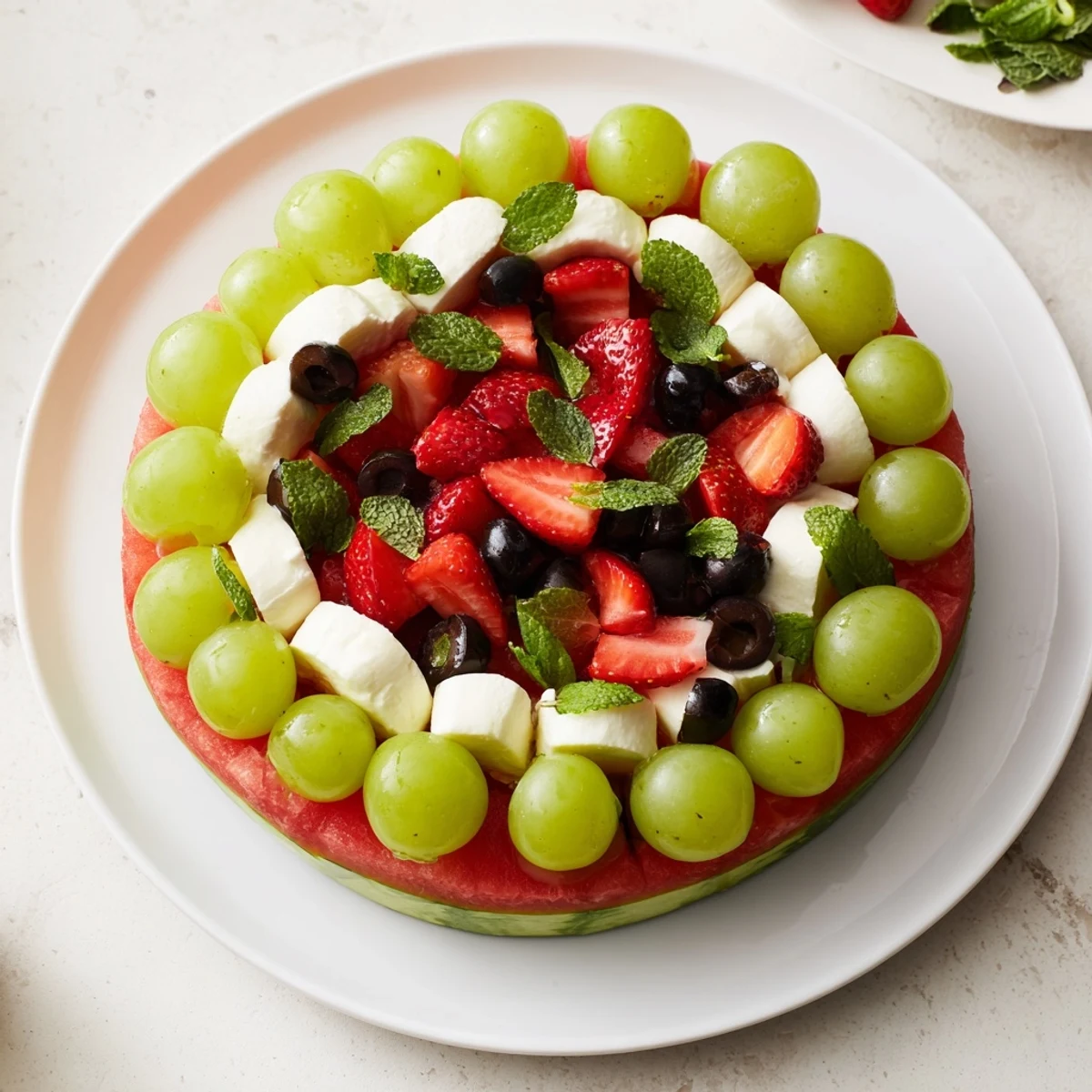 Colorful Summer Watermelon Slice appetizer with green grapes, cheese, and refreshing watermelon cubes.