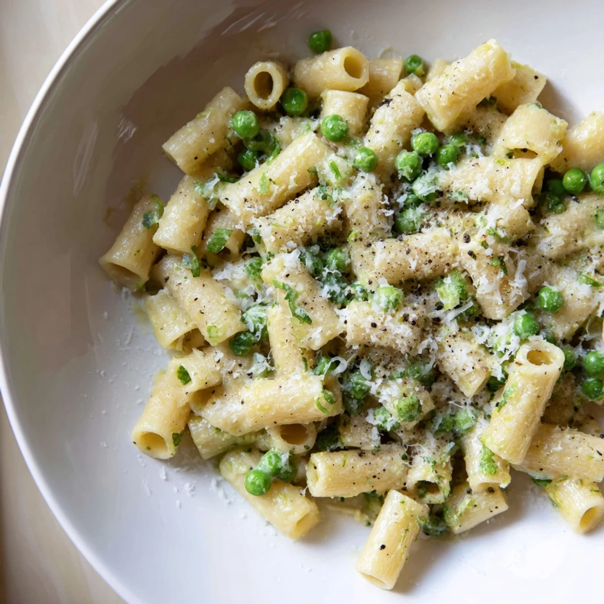 Close-up of golden Garlic Butter Ditalini, showing the peas and Parmesan cheese, perfect for dinner.