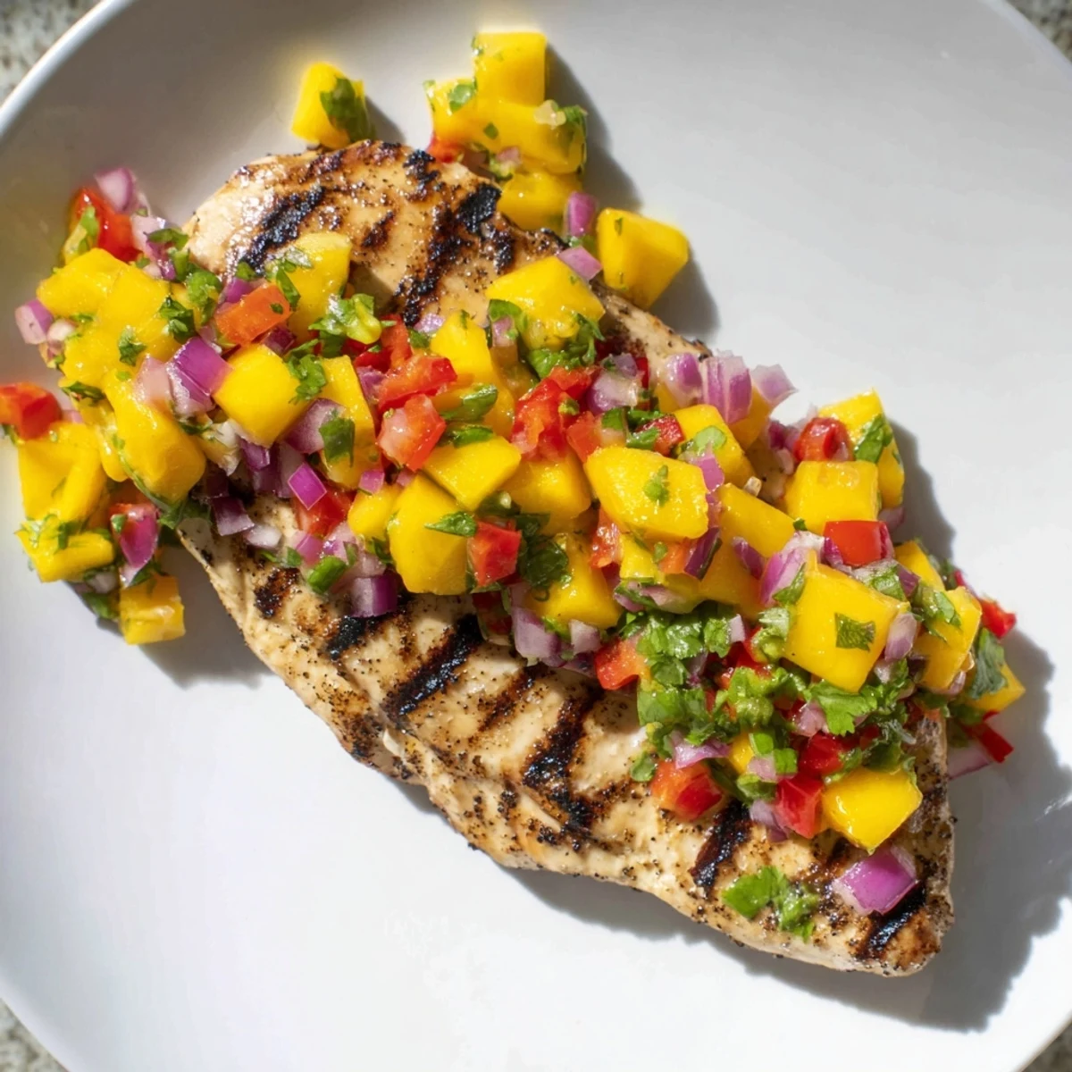 Grilled Mango Salsa Chicken with bright, colorful salsa, ready to serve and enjoy.